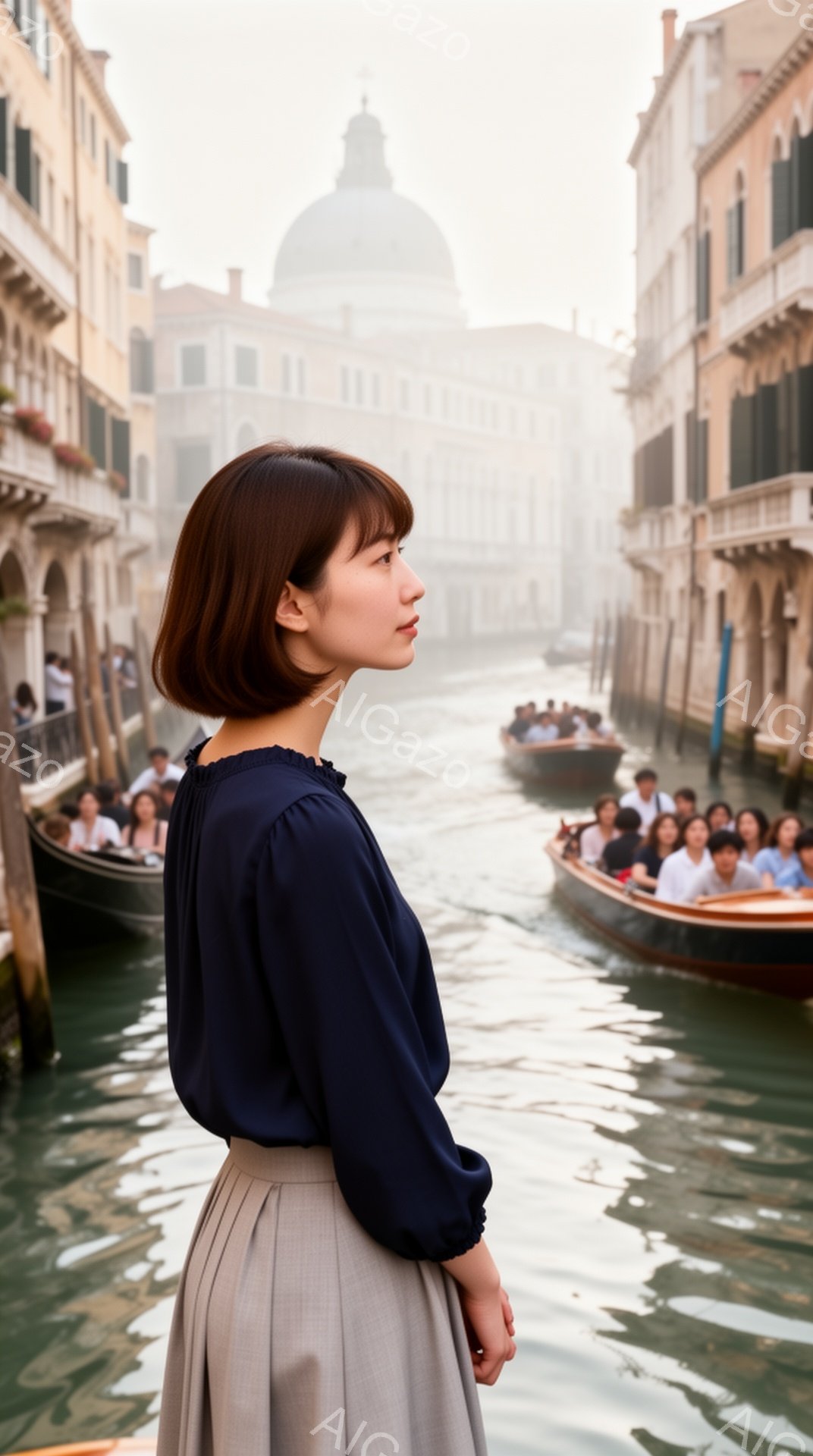 紺色のブラウスと灰色のスカートを身につけた女性が、ヴェネツィアの運河沿いに立っている。彼女は横顔で、少し憂いを帯びた表情で遠くを見つめている。背景には、霧に包まれた運河とゴンドラ、そして歴史的な建物がぼんやりと見え、静寂でノスタルジックな雰囲気が漂う。