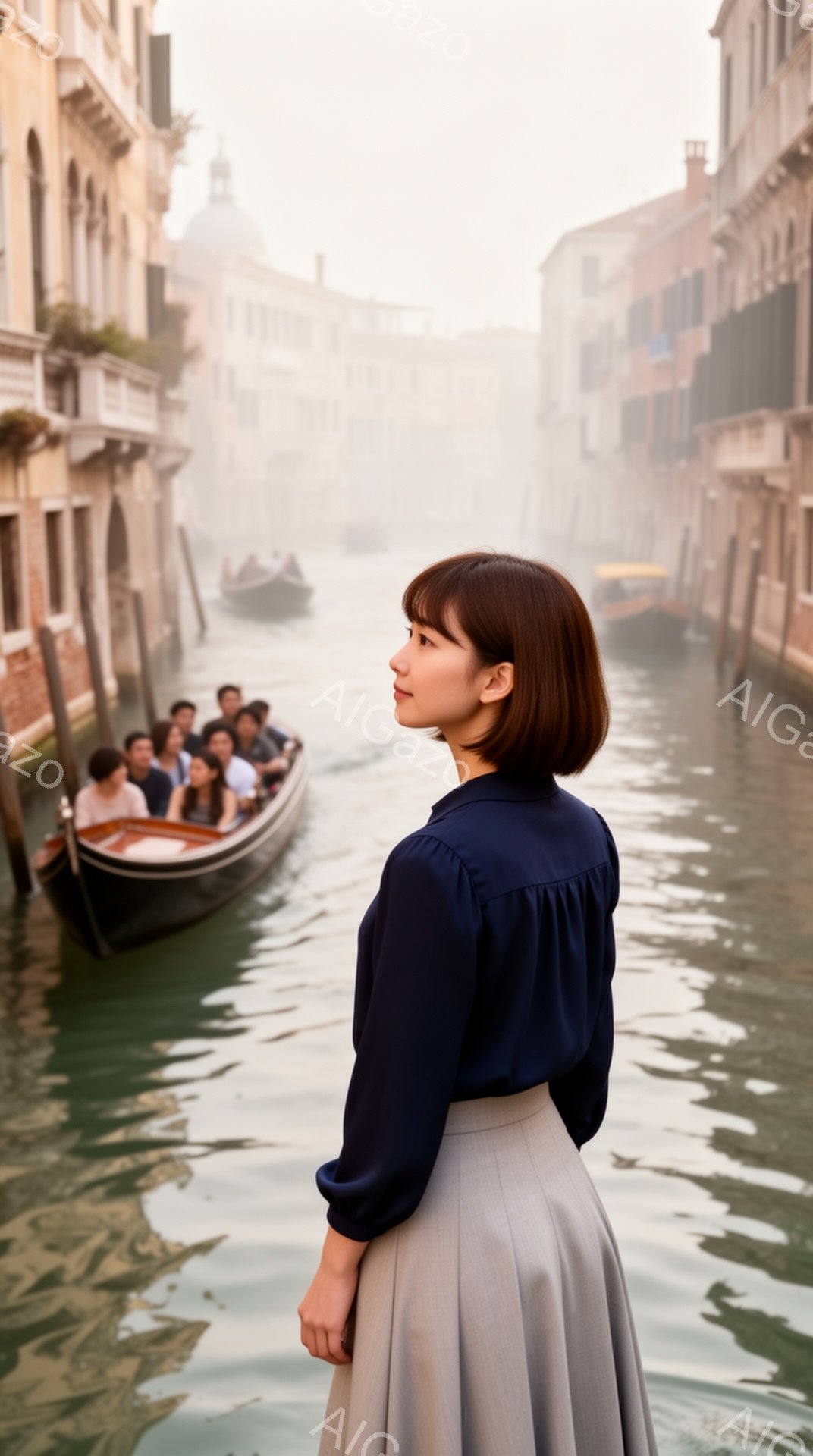 紺色のブラウスとグレーのフレアスカートを身につけた女性が、運河沿いに立っている。彼女は横顔で、少し憂いを含んだ表情で遠くを見つめている。背景にはヴェネツィアの建物が霞んで見え、運河にはゴンドラやボートが浮かび、霧が立ち込める幻想的な雰囲気を醸し出している。