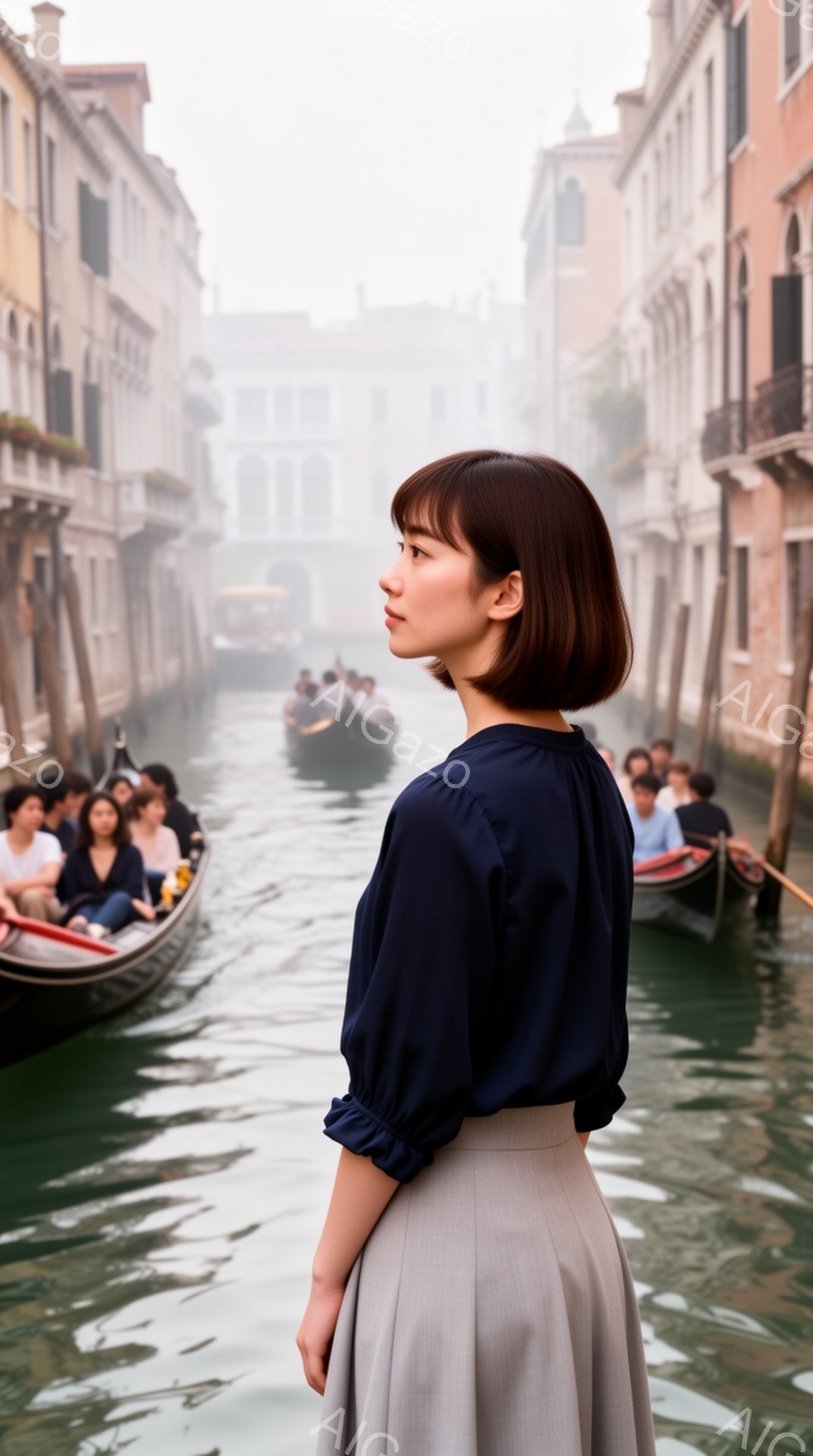 短い茶色の髪の女性が、紺色のブラウスと灰色のスカートを着て、運河沿いを歩いている。彼女は横顔で、少し上を見つめており、表情は穏やかで思慮深い印象を与える。背景には、霧のかかったヴェネツィアの建物とゴンドラが並び、静かでロマンチックな雰囲気を醸し出している。