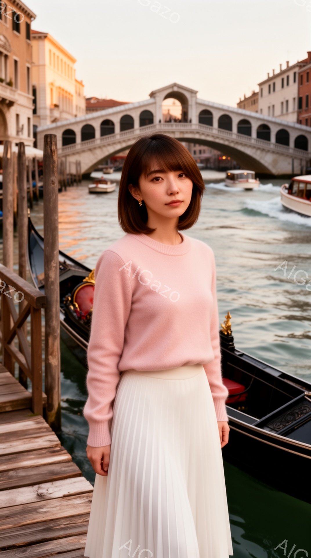 ピンク色のセーターと白いプリーツスカートを身につけた女性が、運河沿いの桟橋に立っている。彼女は肩までの長さの茶髪で、穏やかな表情をしており、耳には小さなピアスが付いている。背景にはヴェネツィアの建物と橋が見え、水面は穏やかで、夕暮れ時の柔らかな光が全体を包んでいる。
