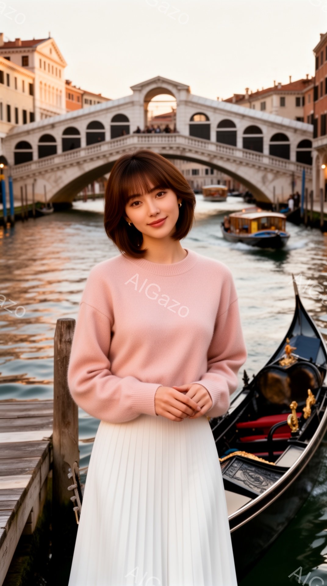 浅いピンク色のセーターと白いプリーツスカートを着た若い女性が写っています。彼女は少し微笑み、リラックスした姿勢で立っています。背景にはヴェネツィアの運河と美しい橋があり、穏やかでロマンチックな雰囲気が漂っています。