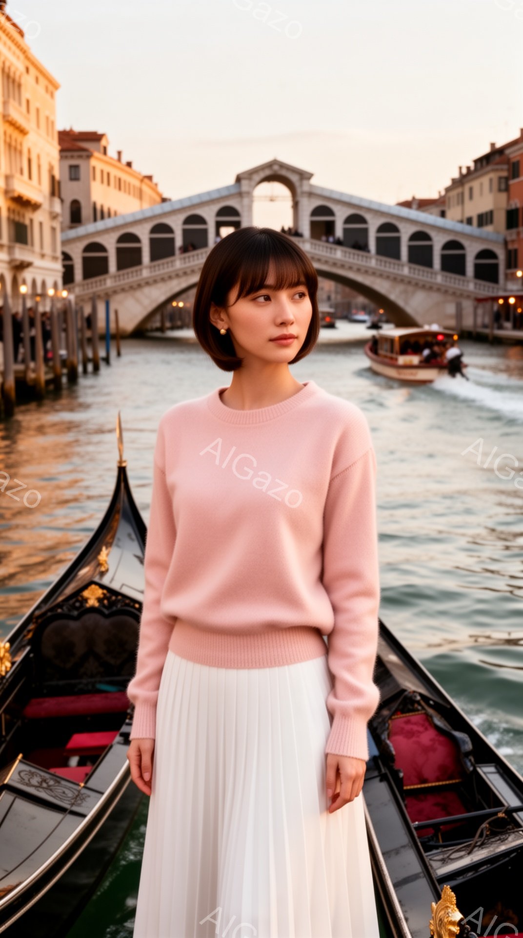 薄桃色のセーターに白いプリーツスカートを身につけた女性が、ヴェネツィアのゴンドラに乗っています。彼女は前を見据え、穏やかな表情を浮かべており、茶色のボブヘアが印象的です。背景には、美しい橋と運河が広がり、穏やかな光が差し込むことで、ロマンチックで静かな雰囲気が漂っています。