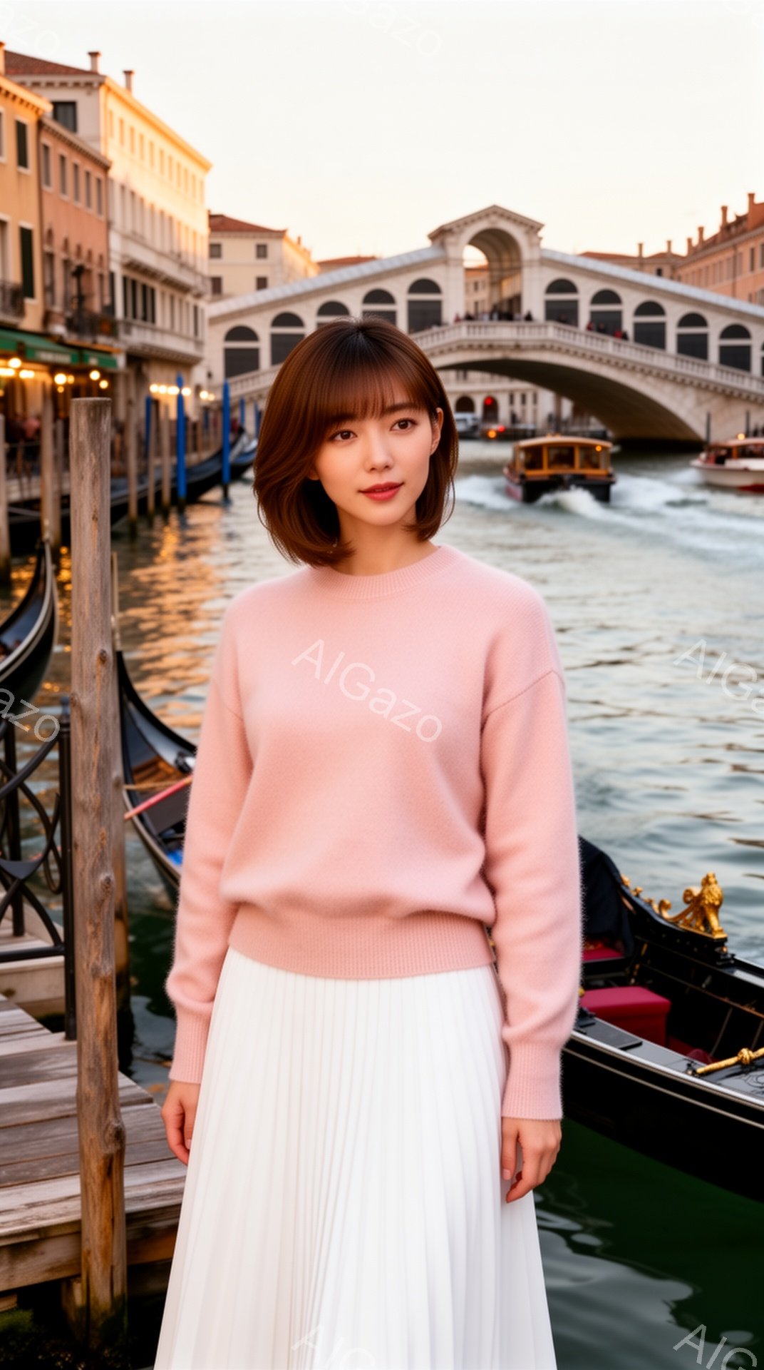 画像には、運河沿いの石畳の道に立つ若い女性が写っています。彼女は薄いピンク色のセーターと白いプリーツスカートを着用し、前髪のある肩までの長さの茶髪が特徴的です。背景にはヴェネツィアの建物とゴンドラ、穏やかな水面が広がり、夕暮れ時の穏やかな雰囲気を醸し出しています。