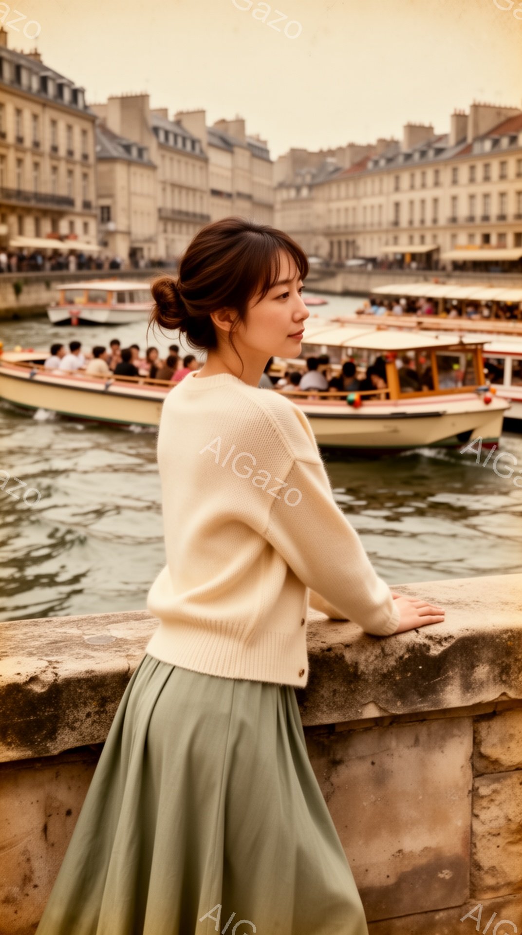 明るいベージュのカーディガンと、くすんだ緑色のロングスカートを身に着けた女性が写っています。彼女は壁にもたれ、川の景色を眺めており、少し微笑んでいるように見えます。背景にはパリの建物が並び、川には観光船が行き交っており、穏やかで落ち着いた雰囲気が漂っています。