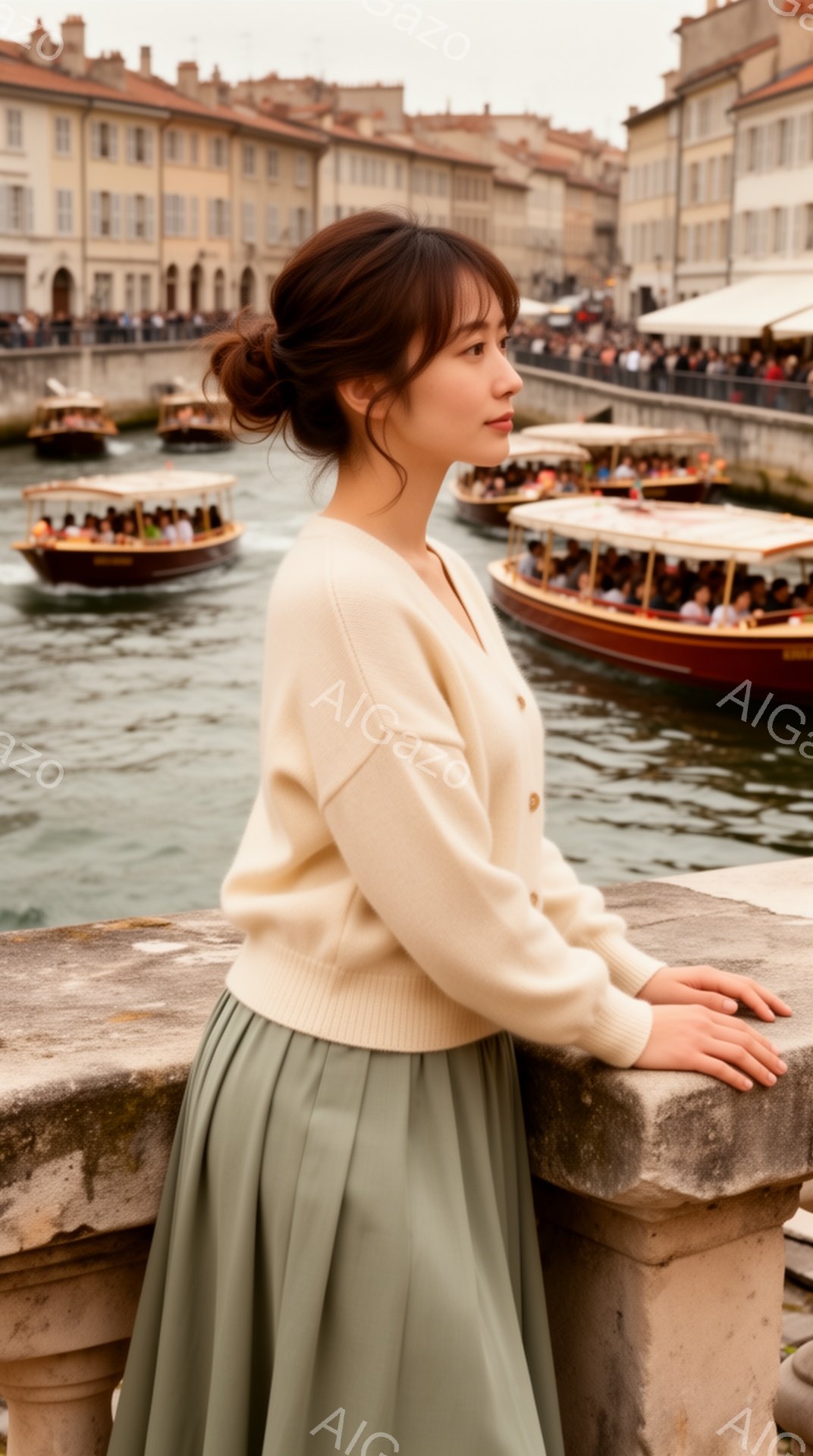 浅いクリーム色のカーディガンと、くすんだ緑色のプリーツスカートを身につけた女性が、石の欄干に寄りかかっている。彼女は髪を後ろでまとめ、遠くを見つめている表情は穏やかで、物思いにふけっているようだ。背景 - AI生成フリー素材