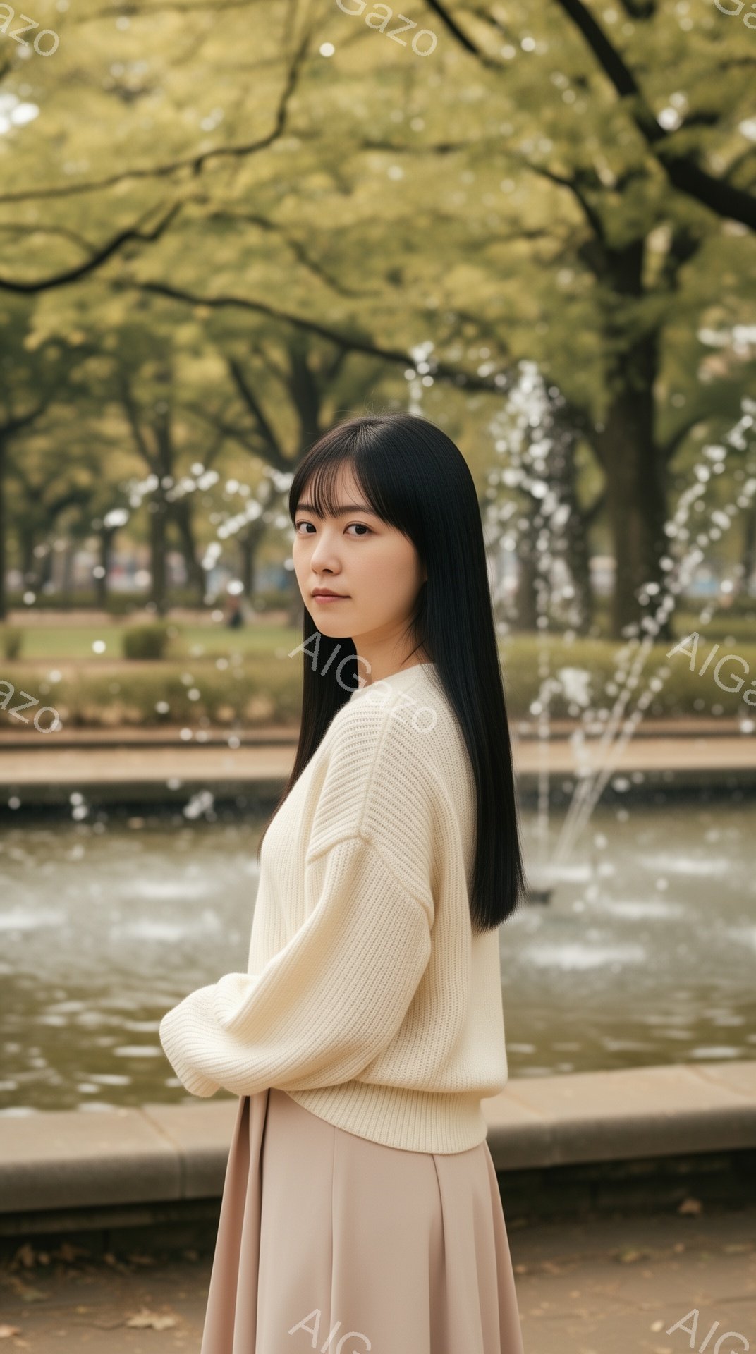 長い黒髪で前髪を伸ばした女性が、クリーム色のざっくりとしたニットと、ベージュのロングスカートを身につけて立っている。彼女は少し横を向き、表情は穏やかで、リラックスした雰囲気を醸し出している。背景には噴 - AI生成フリー素材