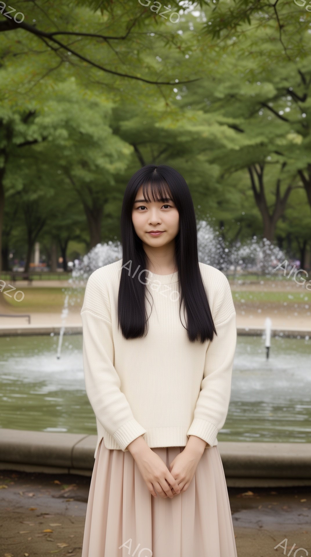 長い黒髪で前髪のある若い女性が、クリーム色のセーターと淡いピンク色のスカートを身に着けて立っています。彼女は両手を前に合わせており、表情は穏やかで微笑んでいます。背景には噴水と緑豊かな木々が見え、晴れ - AI生成フリー素材