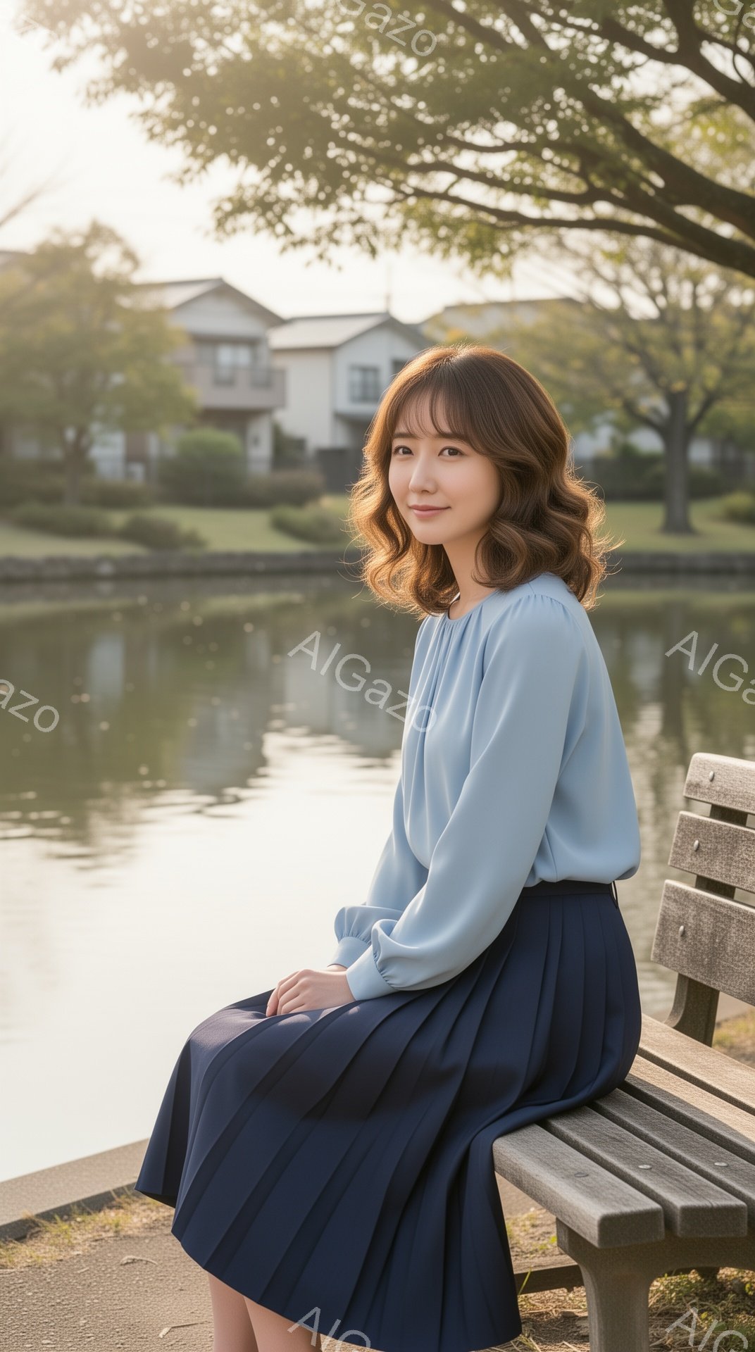 若い女性が公園のベンチに座っており、水面が穏やかな池を背景にしています。彼女は水色のブラウスと紺色のプリーツスカートを身につけ、少し微笑みを浮かべています。背景には木々が生い茂り、遠くに建物が見え、全 - AI生成フリー素材