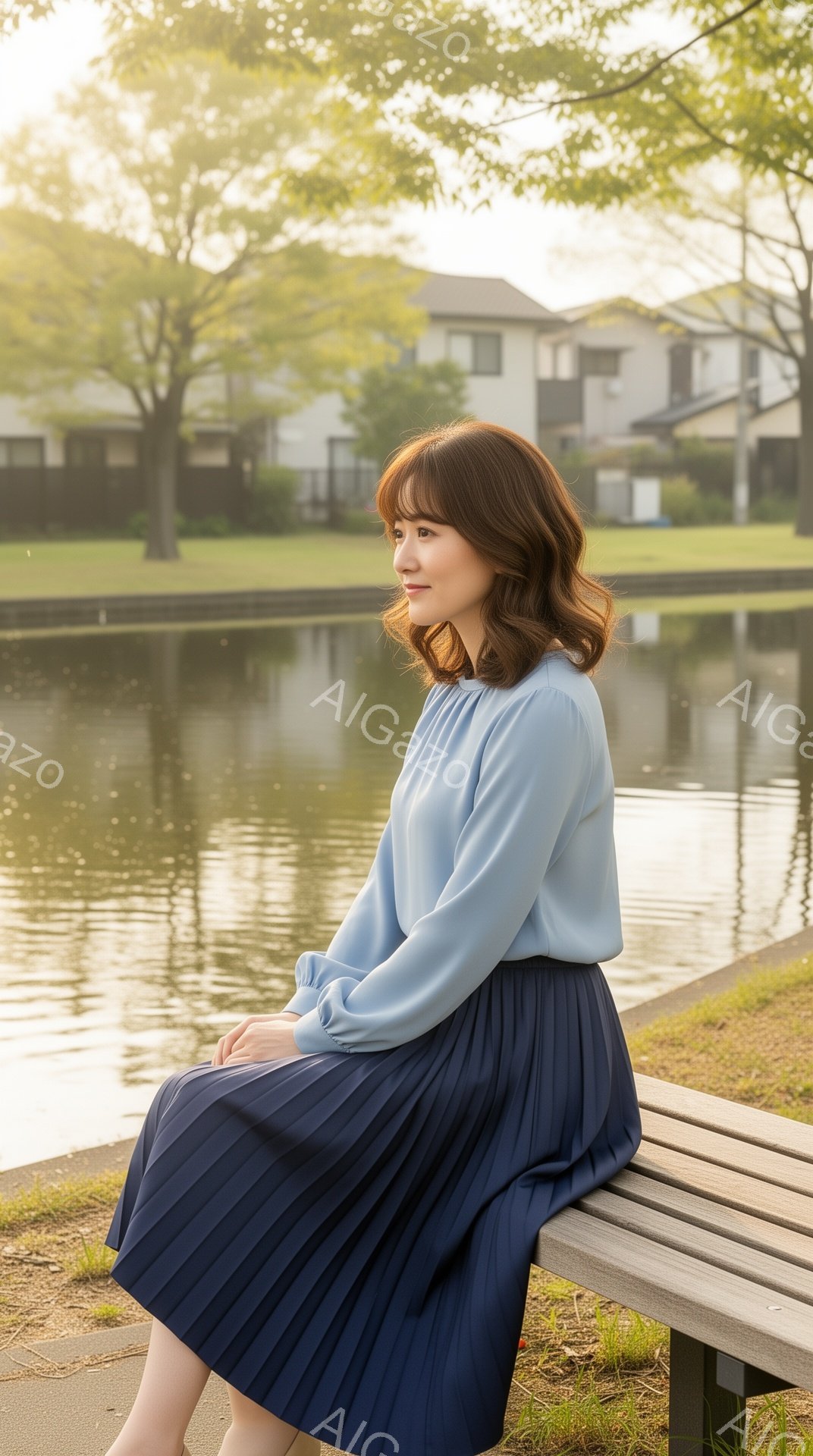 穏やかな表情の女性が公園のベンチに座っており、水面が穏やかな池を背景にしています。彼女は水色のブラウスと紺色のプリーツスカートを身に着け、肩まで届くゆるいウェーブヘアで、物思いにふけるような横顔を見せています。背景には緑豊かな木々と、遠くに見える住宅がぼんやりと描かれ、晴れた日の穏やかな雰囲気を醸し出しています。