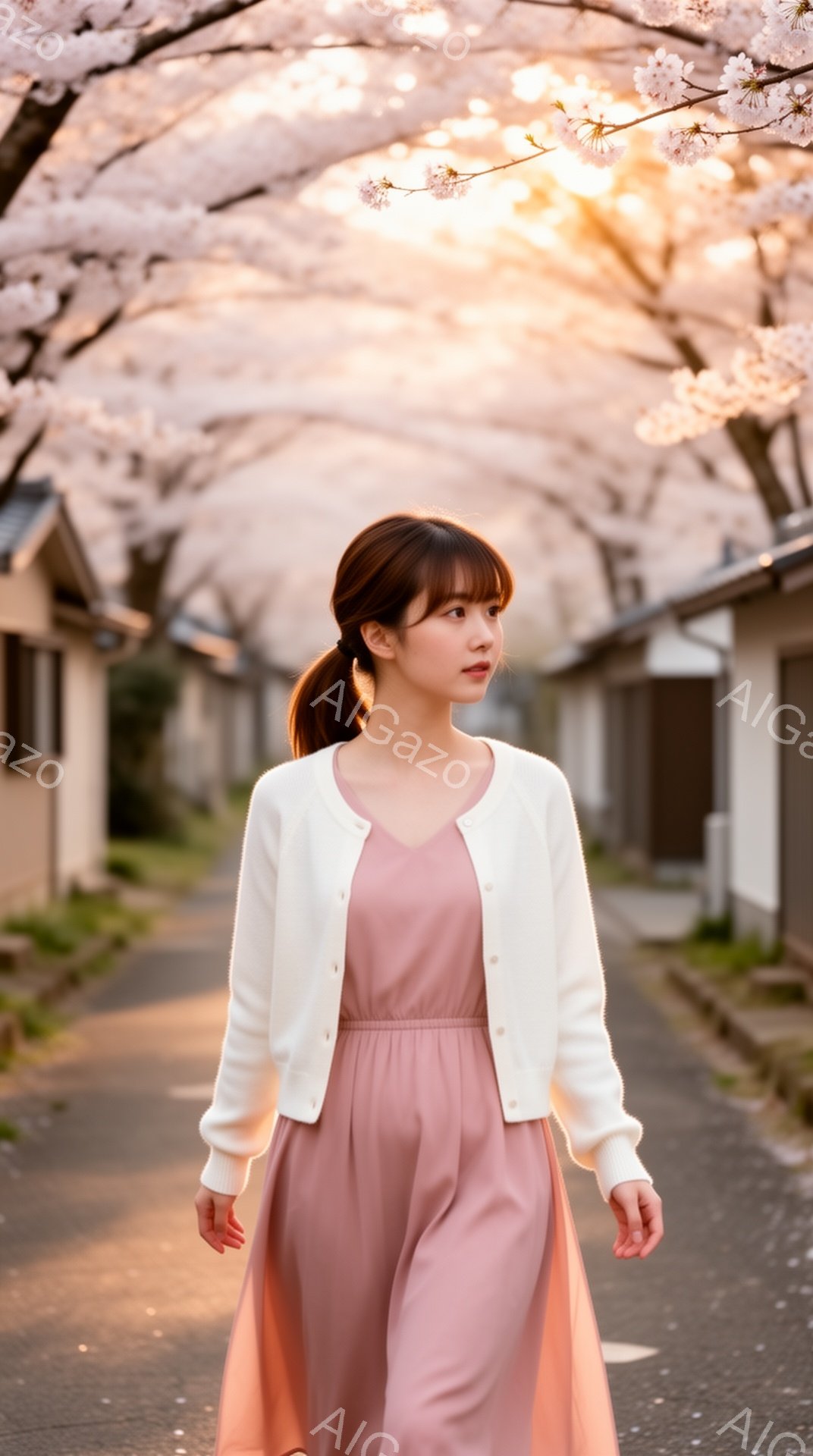 長いダークブラウンの髪を後ろで一つにまとめた女性が、薄桃色のワンピースに白いカーディガンを羽織ってアスファルトの道を歩いている。背景には桜並木が広がり、淡いピンク色の花びらが舞い、春の穏やかな雰囲気を醸し出している。彼女は少し微笑みを浮かべ、前方を向いて歩いており、暖かく優しい光が彼女を包み込んでいる。