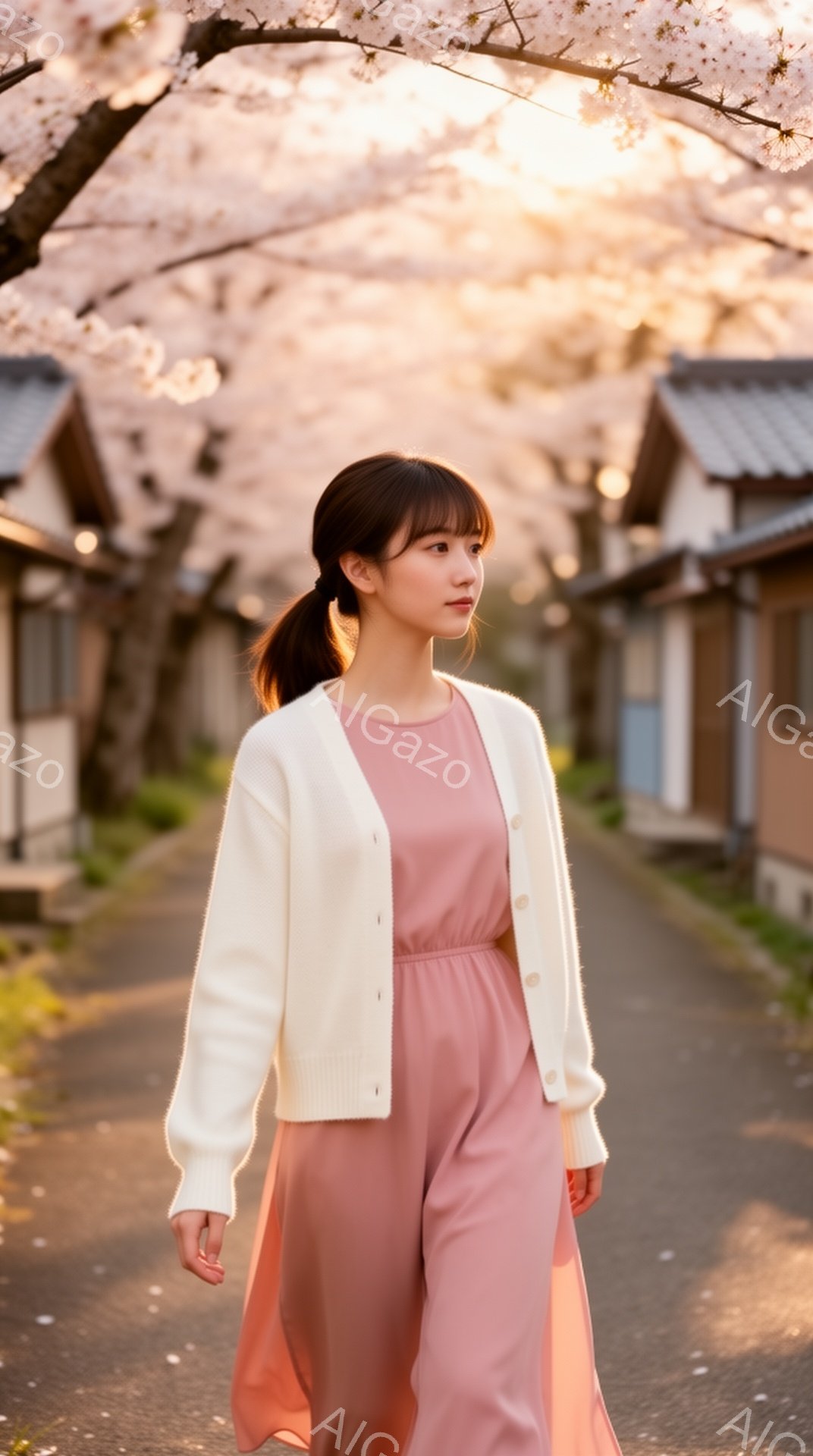 明るいピンク色のワンピースに白いカーディガンを羽織った女性が、石畳の道を進んでいます。彼女は髪を後ろでまとめ、少し横を向いて微笑んでいます。背景には、日本の伝統的な家屋と桜並木が広がり、春の暖かく穏や - AI生成フリー素材