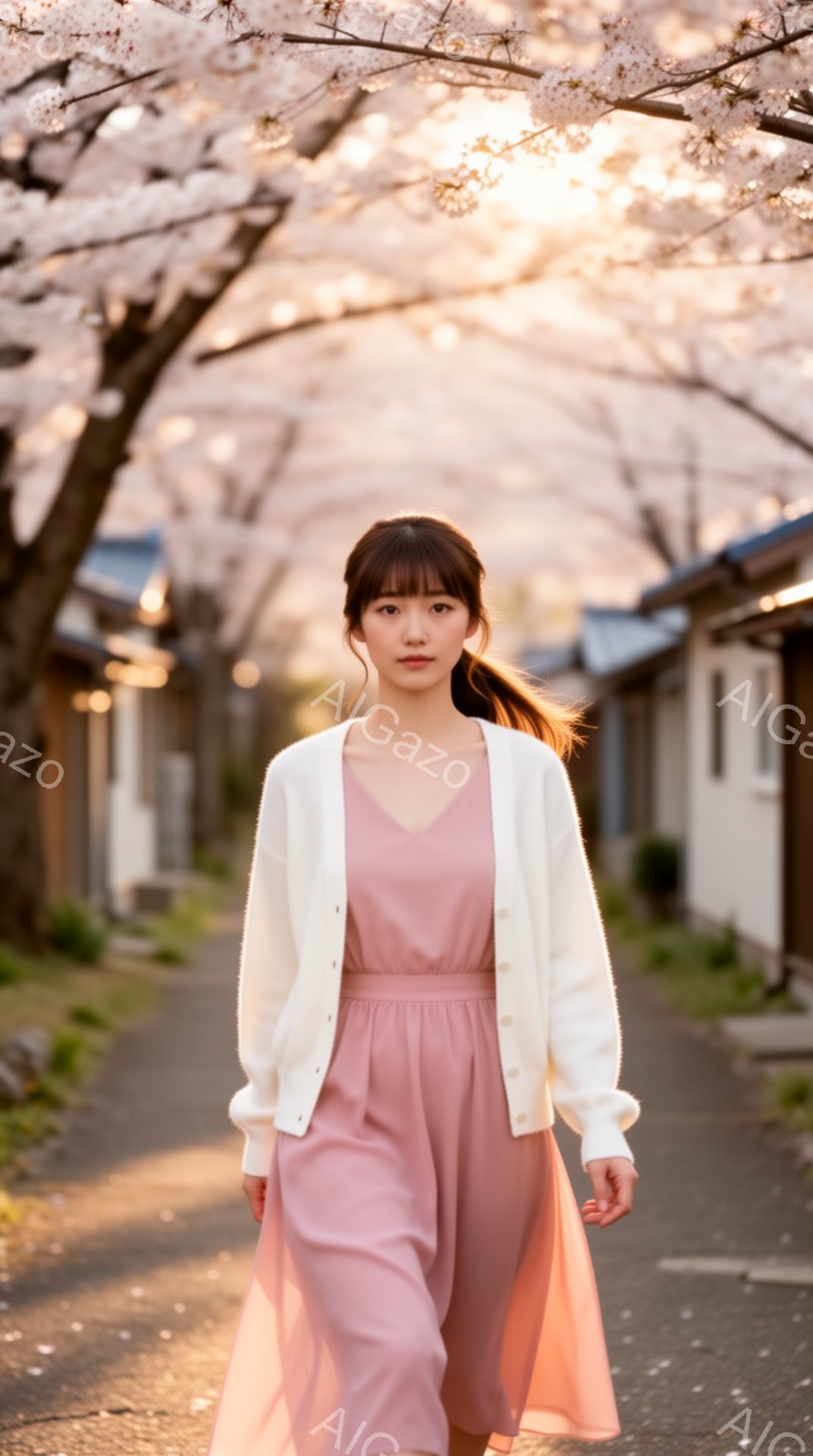 ピンク色のワンピースに白いカーディガンを羽織った若い女性が、桜並木の中を歩いている。彼女は長い黒髪を後ろで一つにまとめ、穏やかな表情で正面を見ている。背景には、白壁の家々が並び、桜の花びらが舞い散る春の穏やかな陽光が降り注いでいる。