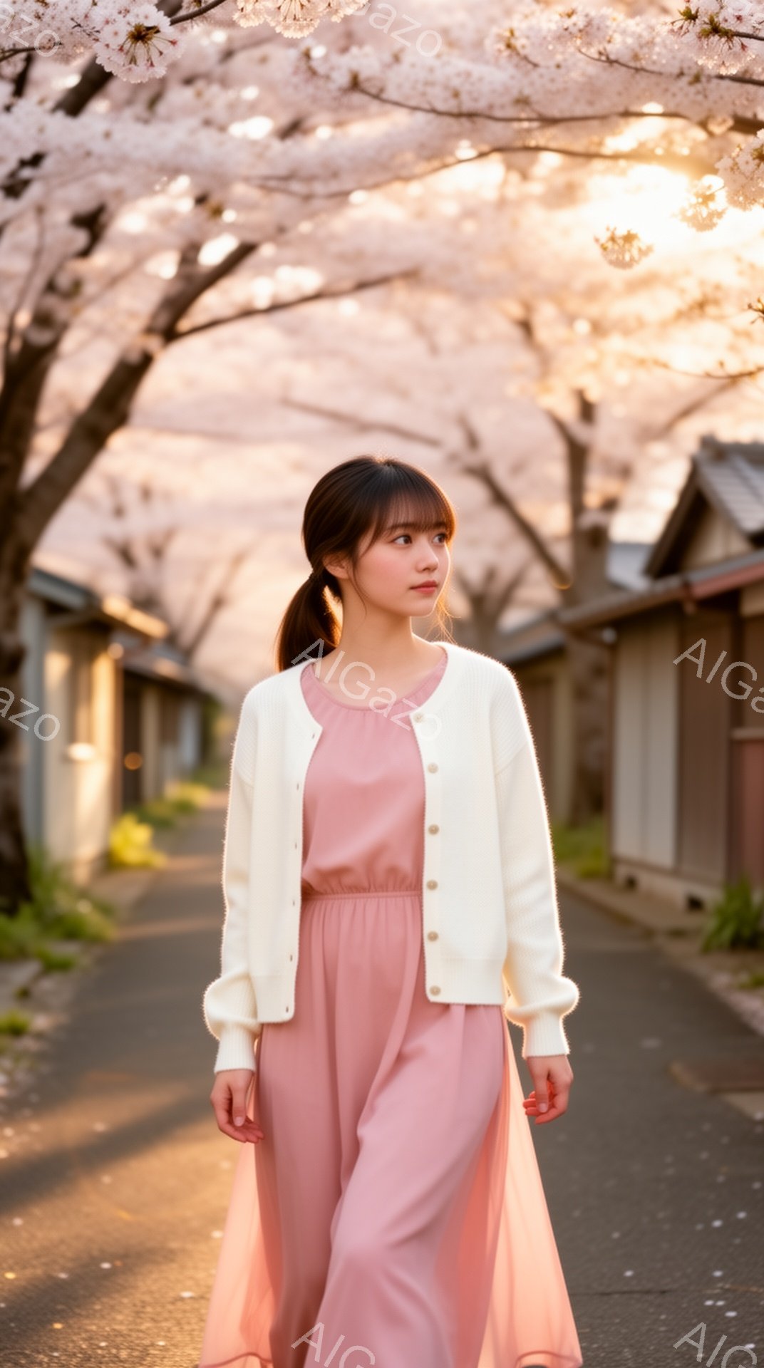 画像には、ピンク色のワンピースに白いカーディガンを羽織った若い女性が写っています。彼女は暗い髪を後ろで結び、穏やかな表情で何かを見つめています。背景には、桜並木が続き、日本の古い街並みが広がっており、春の暖かく穏やかな雰囲気が漂っています。