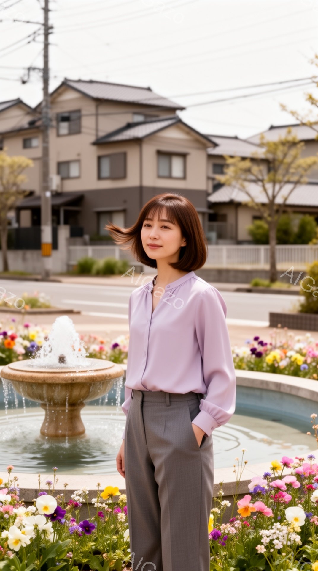 明るい紫色のブラウスとグレーのパンツを身につけた女性が、噴水の前に立っている。彼女は少し微笑んでおり、リラックスした姿勢で両手をポケットに入れている。背景には住宅が並び、噴水の周囲には色とりどりの花が - AI生成フリー素材