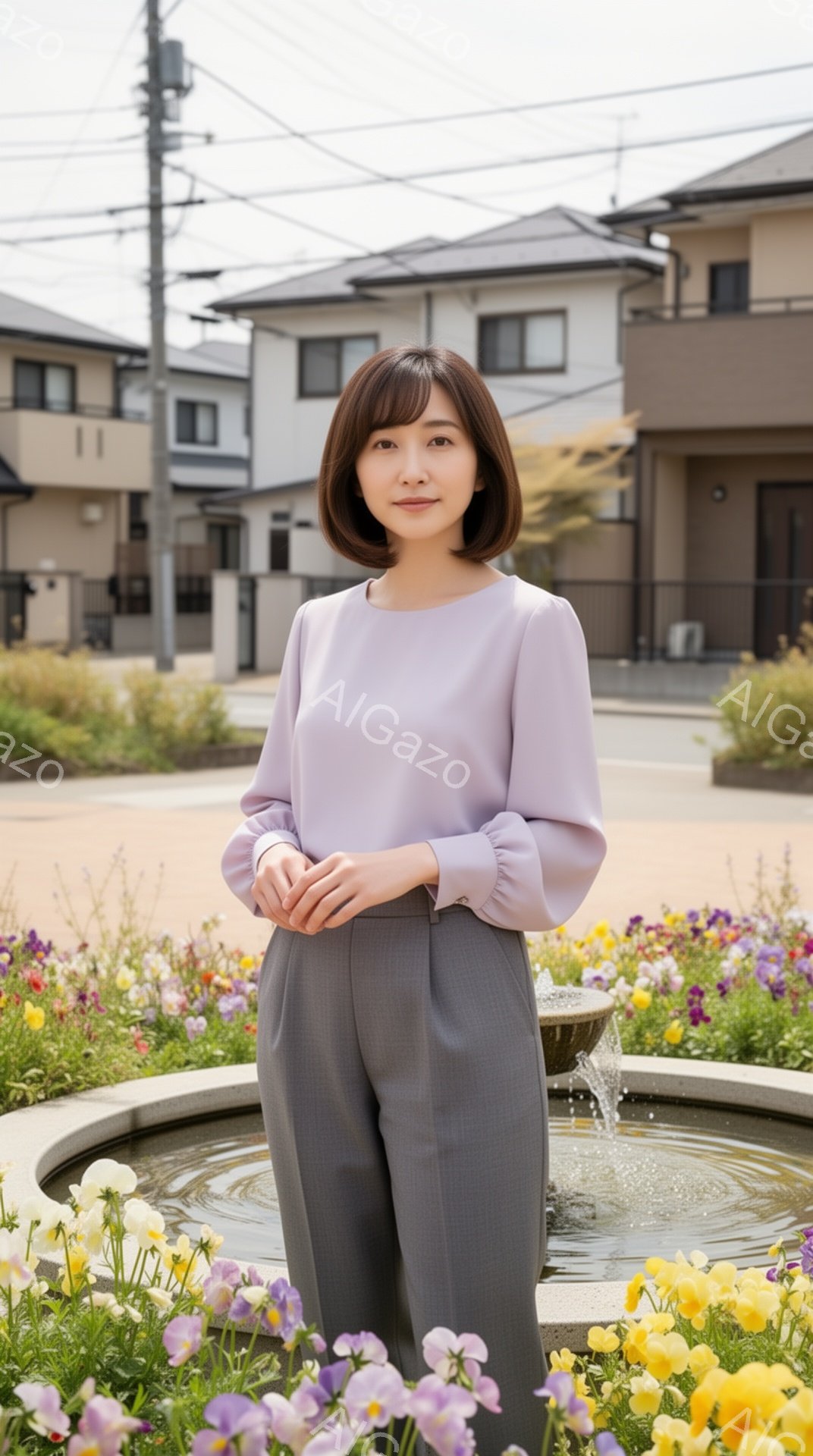女性は薄紫色のブラウスとグレーのパンツを着用し、微笑みを浮かべて立っています。彼女は髪を短くカットしており、背景には花壇と噴水、そして住宅が見えます。全体的に明るく、穏やかな雰囲気です。 - AI生成フリー素材