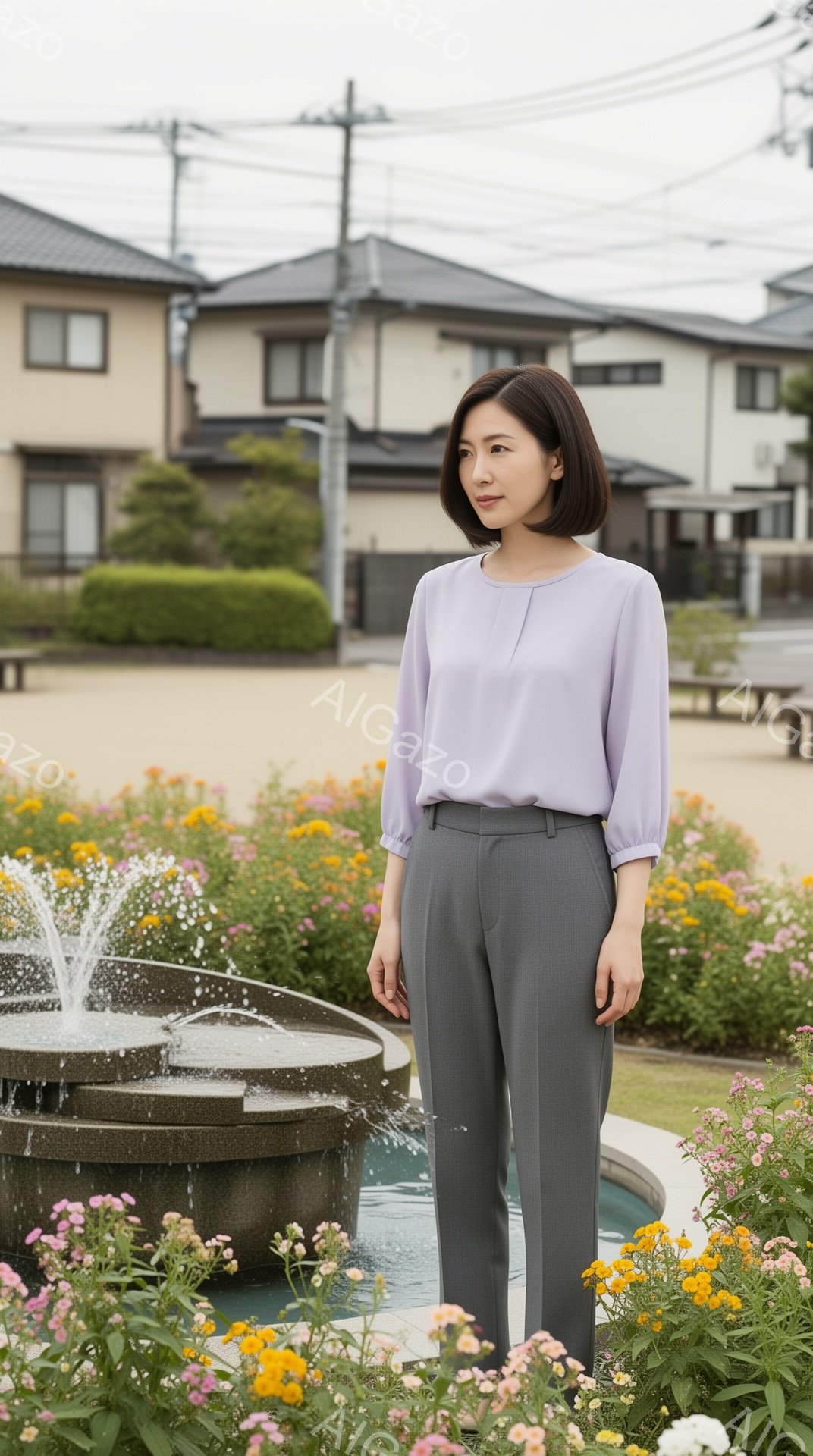 女性は、薄紫色のブラウスとグレーのパンツを身につけ、落ち着いた表情で立っています。彼女は少し微笑んでおり、髪は肩の長さで、すっきりとした印象です。背景には石造りの噴水があり、その周りには色とりどりの花 - AI生成フリー素材