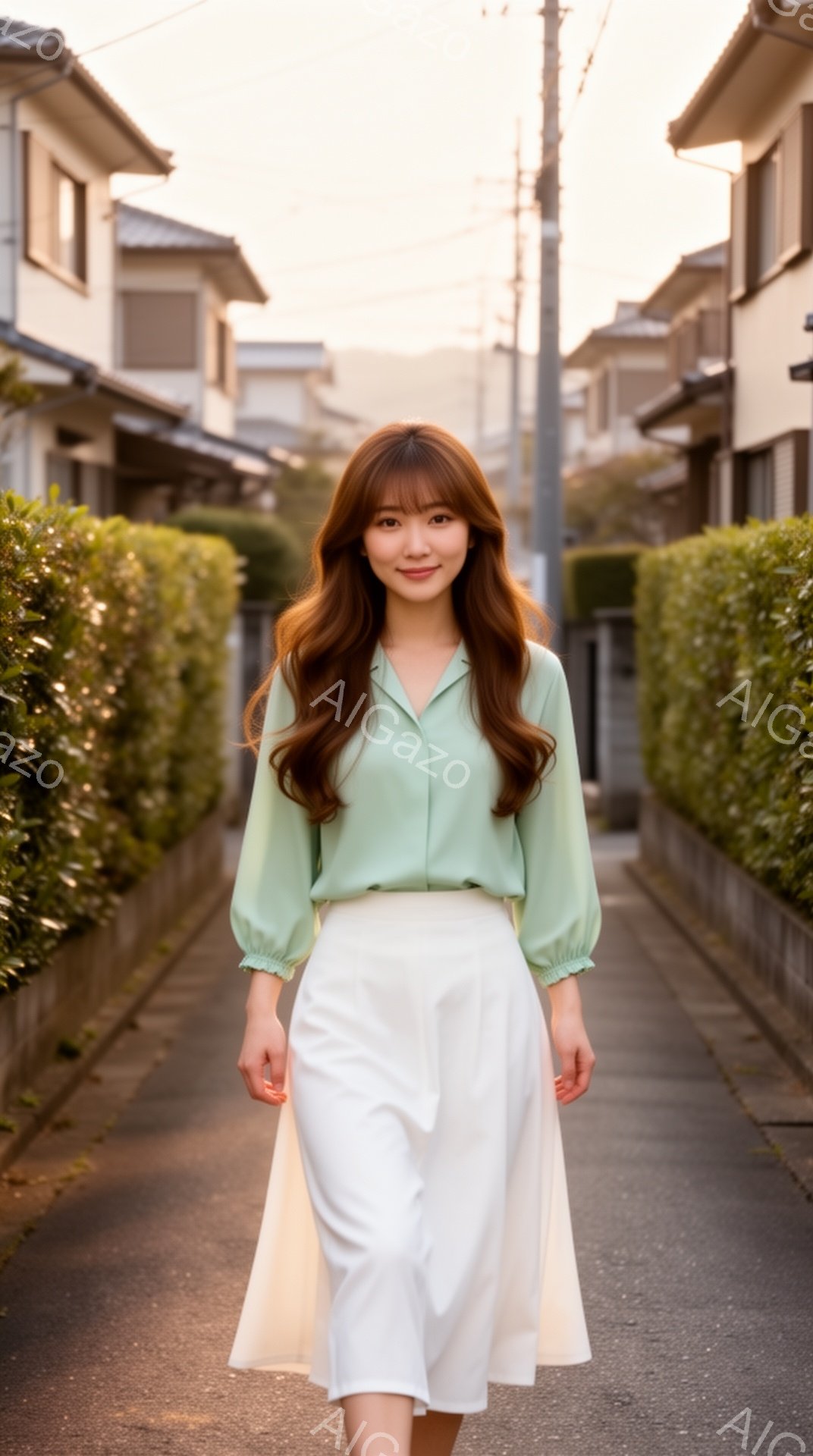 若い女性が、明るい緑色のブラウスと白いスカートを身に着け、アスファルトの道の中央を歩いています。彼女は肩までの長さの茶色の髪をしており、わずかに微笑んでいます。背景には整然と並んだ住宅と緑の生垣があり、晴れた日の穏やかな雰囲気が漂っています。