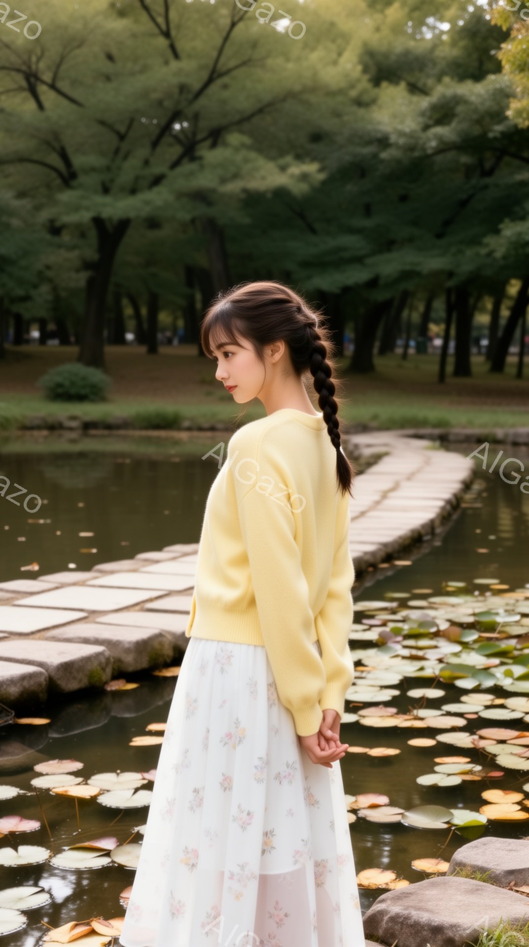 若い女性が、薄い黄色のセーターと花柄の白いスカートを着て、池のそばの石畳の道に立っている。彼女は後ろを振り返り、少し微笑んでいるように見え、髪は後ろで編み込まれている。背景には緑豊かな木々や水面に浮かぶ睡蓮が広がり、穏やかで平和な雰囲気が漂っている。