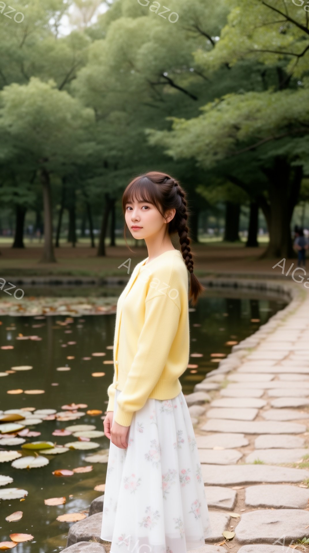 長い髪を三つ編みにした若い女性が、パステルイエローのカーディガンと花柄のスカートを着て立っています。彼女は少し微笑んでおり、リラックスした姿勢で、背景には水面と緑豊かな木々が広がっています。穏やかな日差しが差し込み、全体的に柔らかな印象を与える写真です。