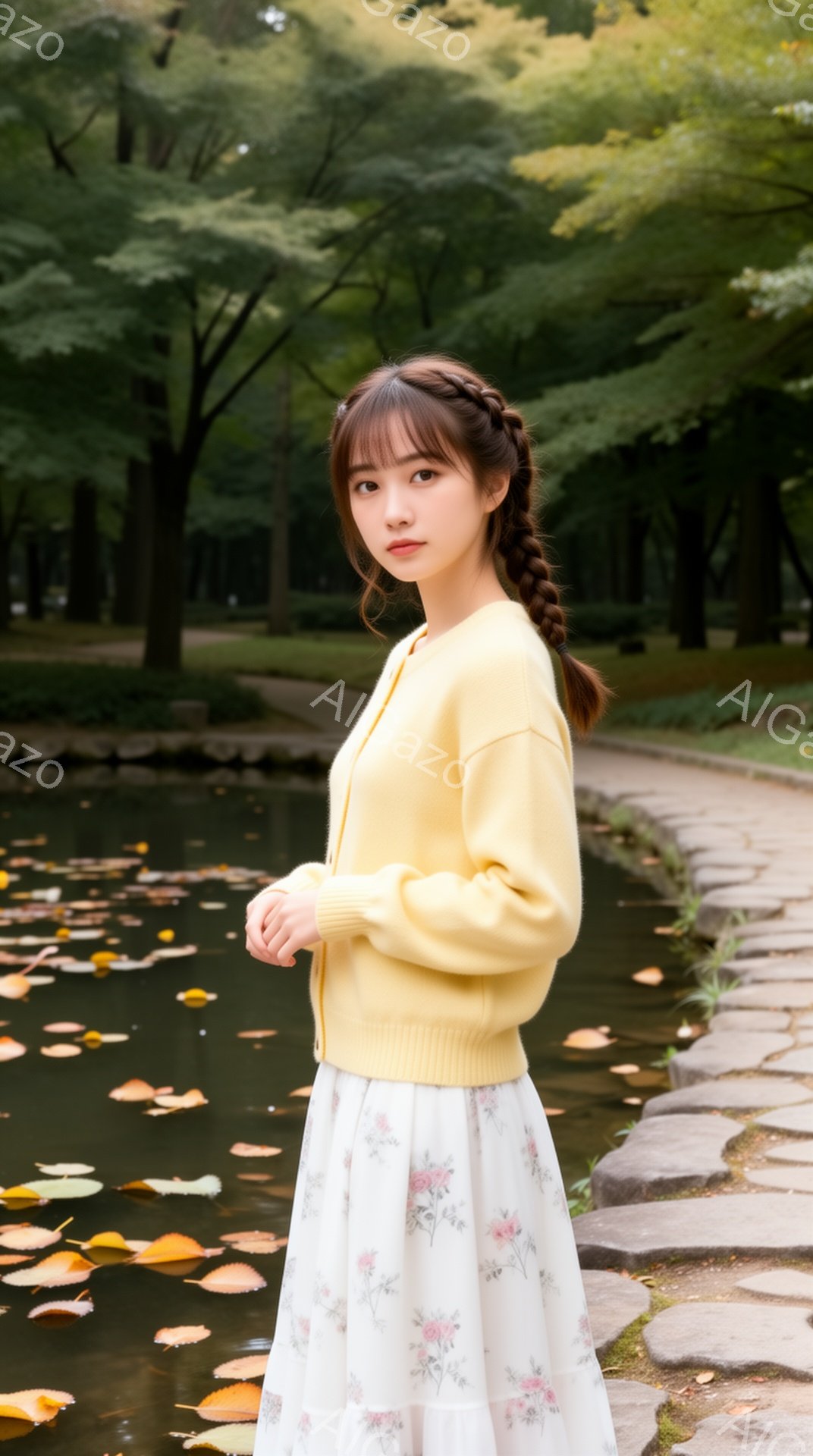 明るい黄色のカーディガンと、花柄の白いスカートを身につけた若い女性が写っている。彼女は少し微笑んでおり、軽く右を向いて、穏やかな表情をしている。背景には水面が輝く池と、緑豊かな木々が広がっており、秋の穏やかな雰囲気を醸し出している。