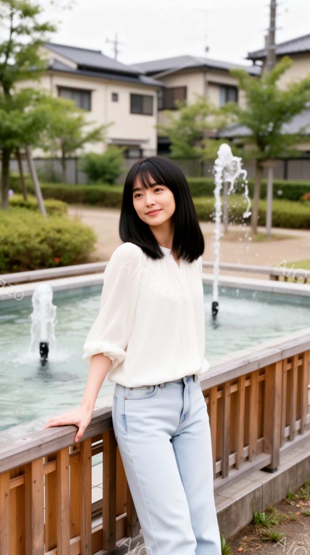 黒髪の短いヘアスタイルをした女性が、淡いブルーのデニムと白いブラウスを着て、木の柵にもたれかかって立っている。彼女は穏やかな笑顔でカメラを見つめており、背景には噴水と、伝統的な様式の建物が見える。全体的に、穏やかで明るい雰囲気の画像である。