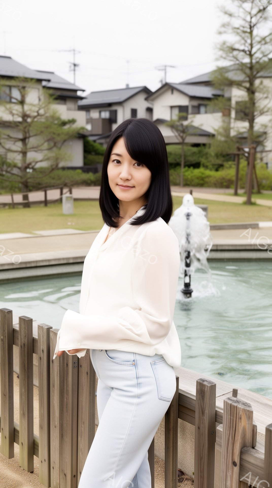 女性はオフホワイトの長袖ブラウスと薄いブルーのデニムジーンズを着用し、黒髪を肩の長さでカットしたヘアスタイルです。彼女は木の柵にもたれかかり、穏やかな笑顔でカメラを見ています。背景には、噴水、緑の芝生、そして伝統的な日本の家屋が見え、晴れた日の穏やかな雰囲気が漂っています。