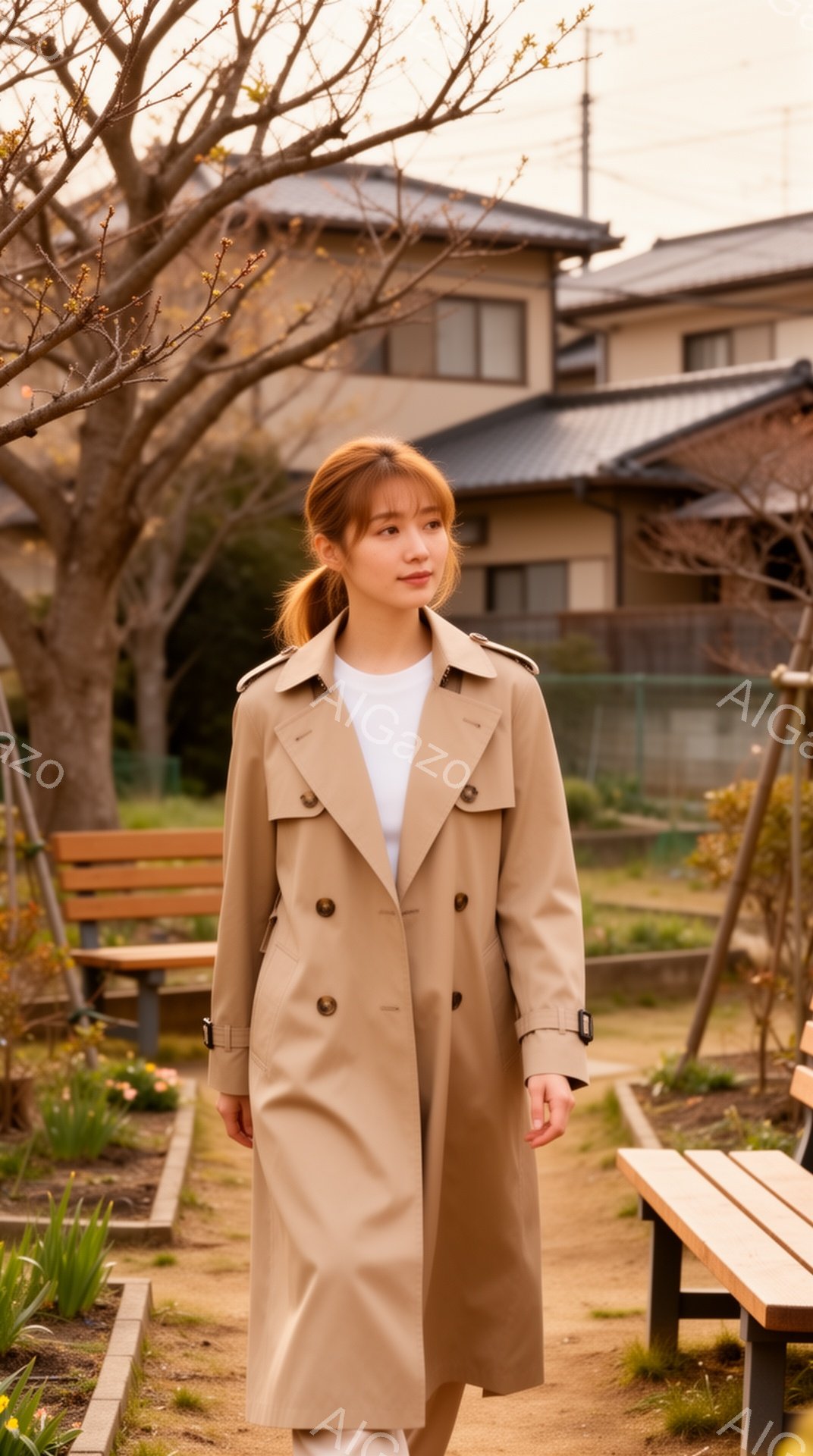 ベージュ色のトレンチコートを羽織った若い女性が、白いズボンを履いて立っている。彼女は髪をハーフアップにしており、穏やかな表情でどこかを見つめている。背景には、木製のベンチと、日当たりの良い住宅街の風景が広がり、春の暖かな日差しが感じられる。
