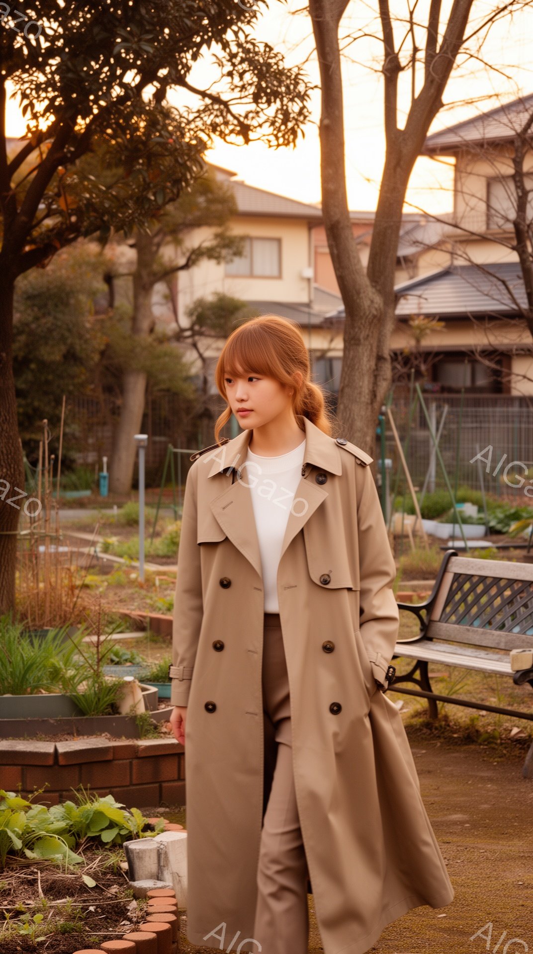 明るい茶色のトレンチコートを着た若い女性が写っている。彼女はベージュのパンツと合わせて、少し横を向いて立っており、表情は穏やかで少し憂いを帯びている。背景にはレンガ造りの花壇、ベンチ、そして住宅が見え - AI生成フリー素材