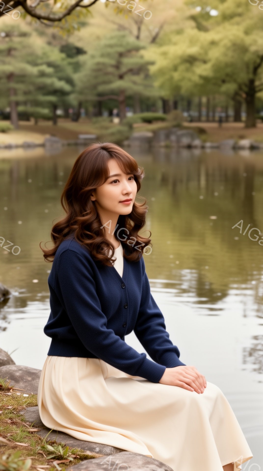 長い茶色の髪を肩にかけ、紺色のカーディガンとクリーム色のスカートを身につけた女性が、石垣の上に座って正面を見ています。穏やかな表情で、背景には水面が輝く池と緑豊かな木々が広がっています。全体的に、落ち着いた雰囲気で、自然に囲まれた静かな情景が印象的です。
