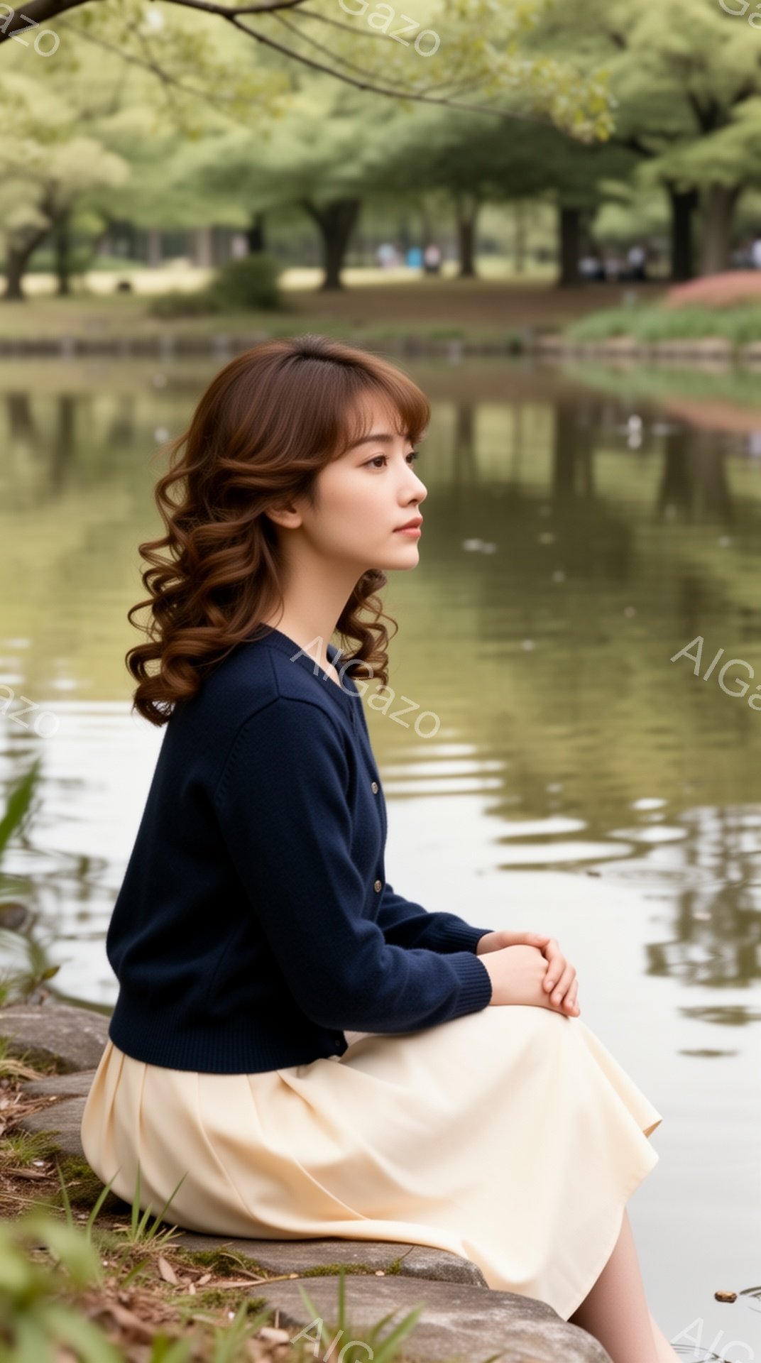 若い女性が、紺色のカーディガンとクリーム色のスカートを着て、石の縁に座っています。彼女は少し横を向いており、穏やかな表情で遠くを見つめています。背景には緑豊かな木々と水面が広がり、穏やかで静かな雰囲気が漂っています。