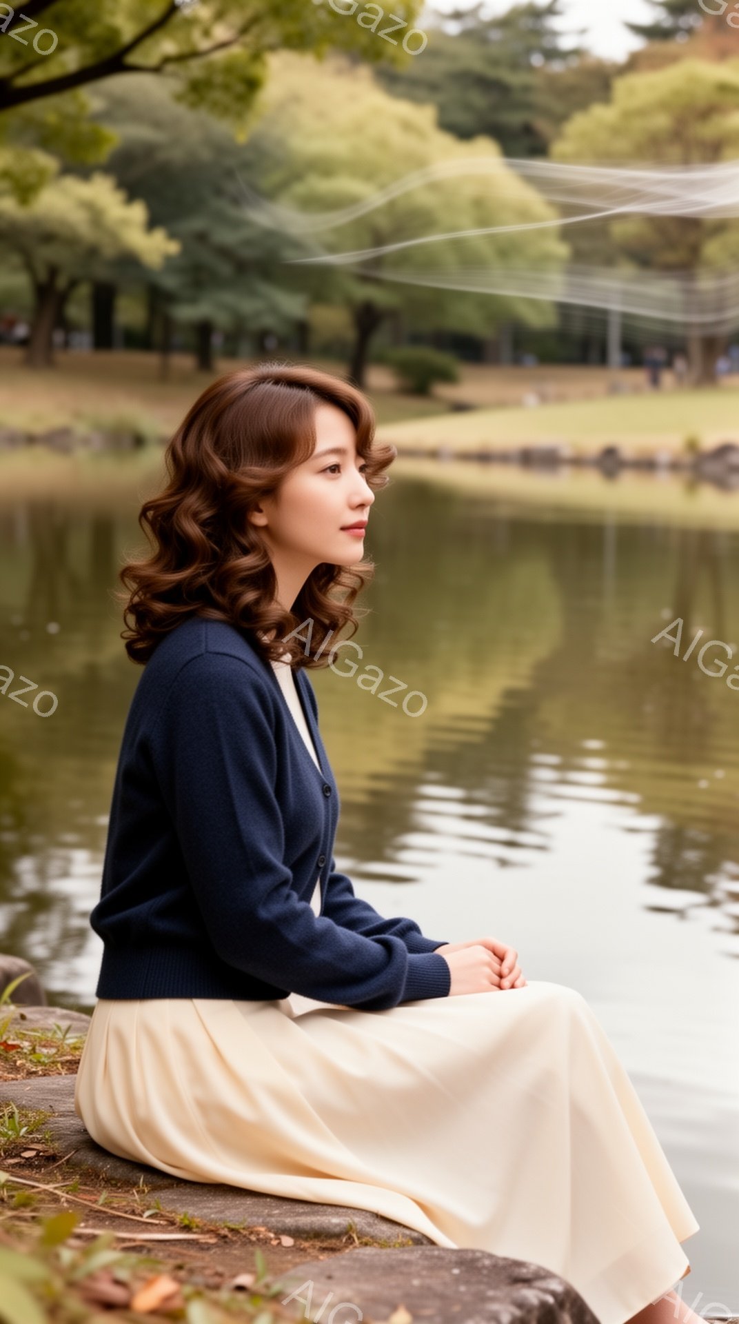 女性は紺色のカーディガンとクリーム色のフレアスカートを身に着けて、石の縁に座って何かを考えているようです。彼女は髪を優雅にカールさせ、穏やかな表情で横を向いています。背景には緑豊かな木々と穏やかな水面 - AI生成フリー素材