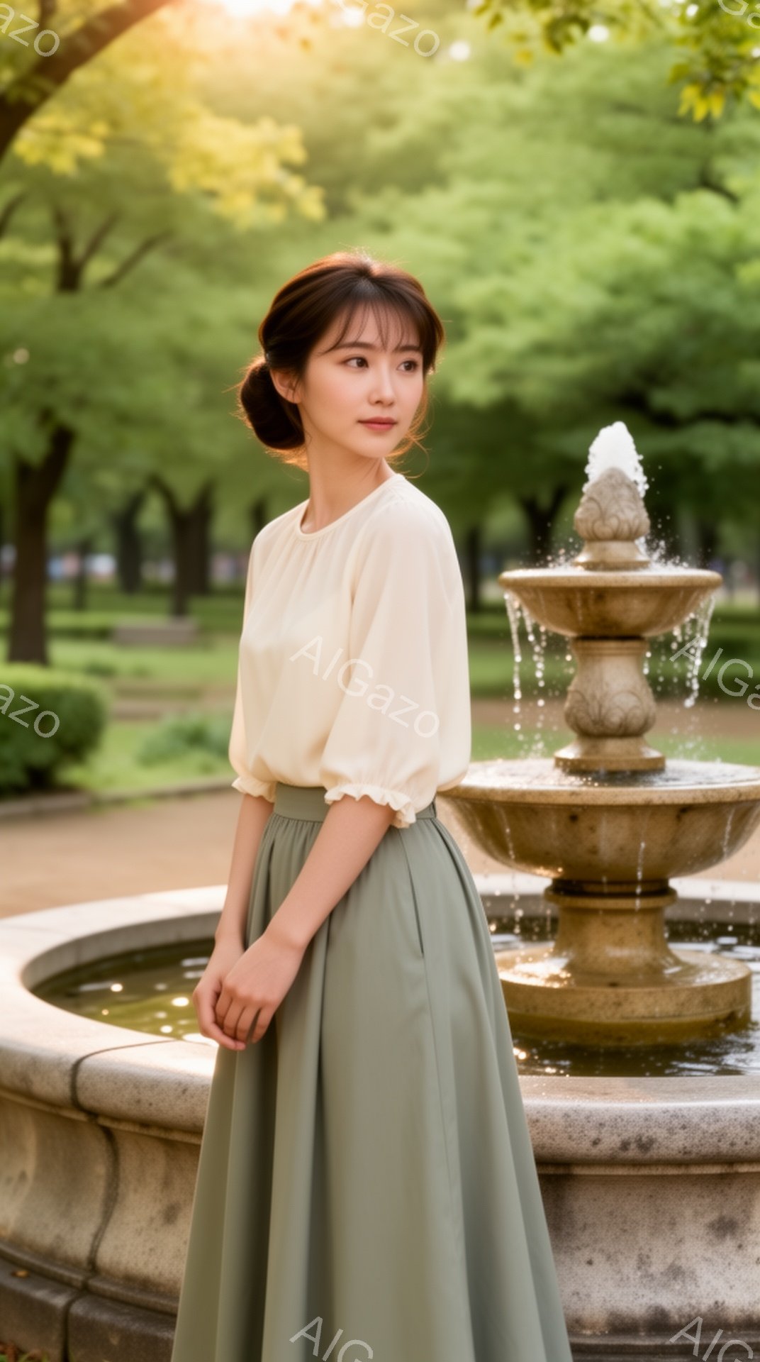 若い女性が、クリーム色のパフスリーブブラウスと、くすんだ緑色のロングスカートを身に着けている。彼女は少し横を向き、穏やかな表情で遠くを見つめている。背景には石造りの噴水があり、緑豊かな木々が生い茂る公園で、日差しが柔らかく差し込み、穏やかで平和な雰囲気を醸し出している。