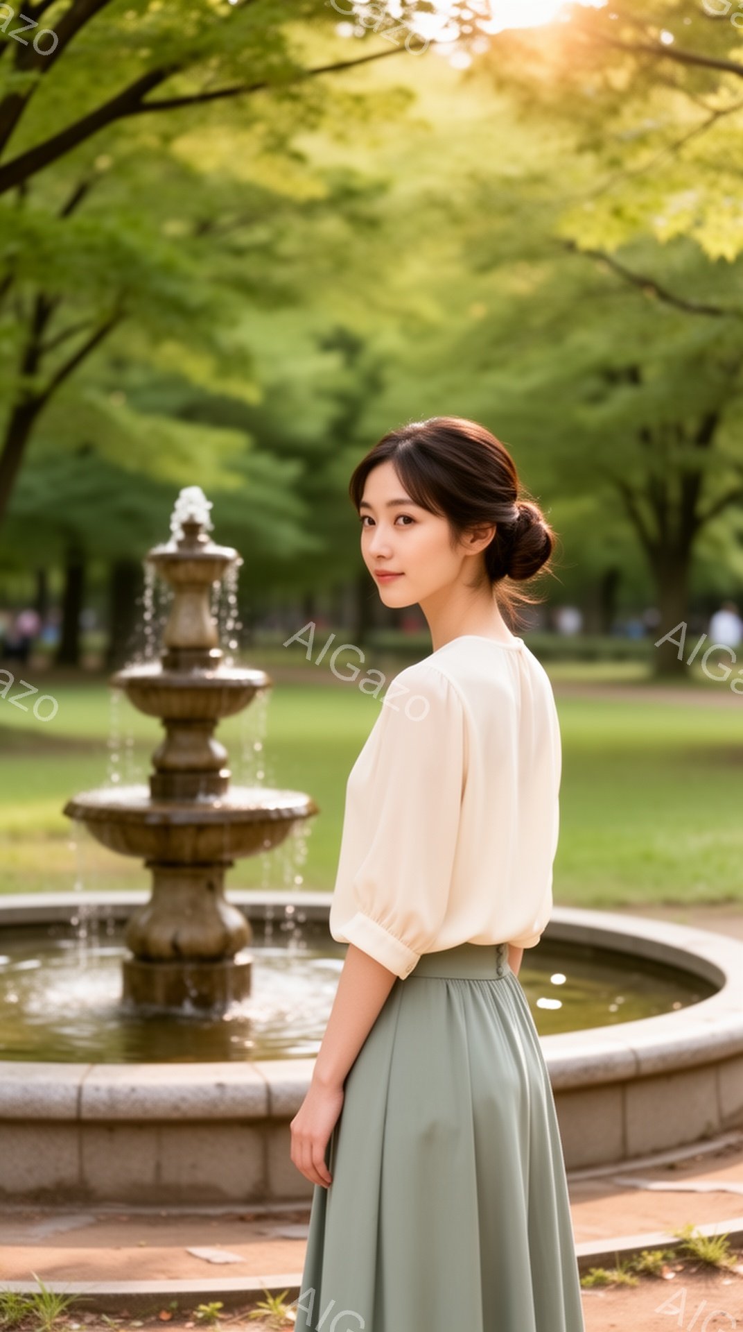 若い女性が、クリーム色のブラウスとミントグリーンのスカートを身につけて、石の噴水の前に立っています。彼女は後ろを向き、わずかに微笑んでおり、髪は後ろでまとめられています。背景には緑豊かな木々が生い茂り、晴天で穏やかな春または夏の日の雰囲気が漂っています。