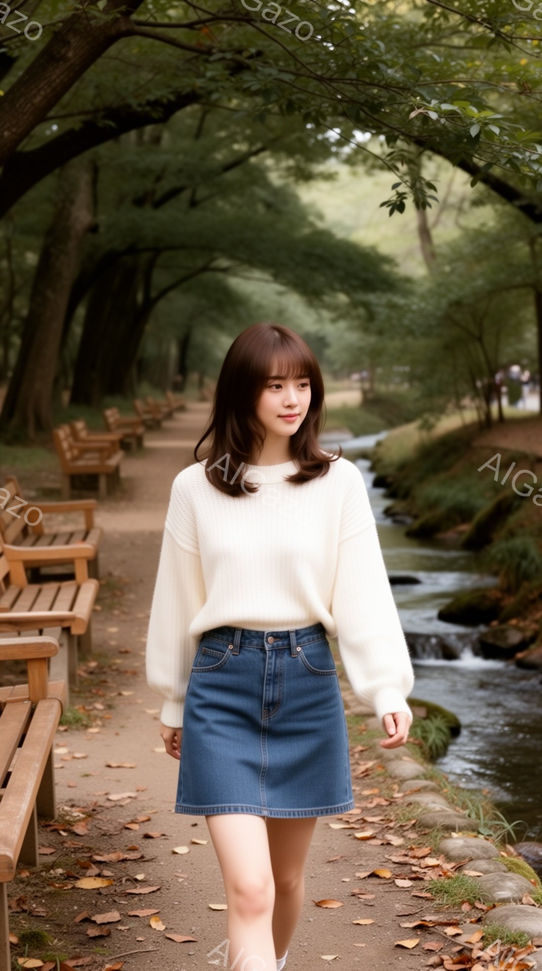 長い茶色の髪を肩のあたりで切り揃え、前髪を作った若い女性が写っている。オフホワイトのセーターとデニムのミニスカートを身につけ、少し微笑みながら道の脇を歩いている。背景には、木陰の道と小川が流れ、穏やかで自然豊かな雰囲気が漂っている。