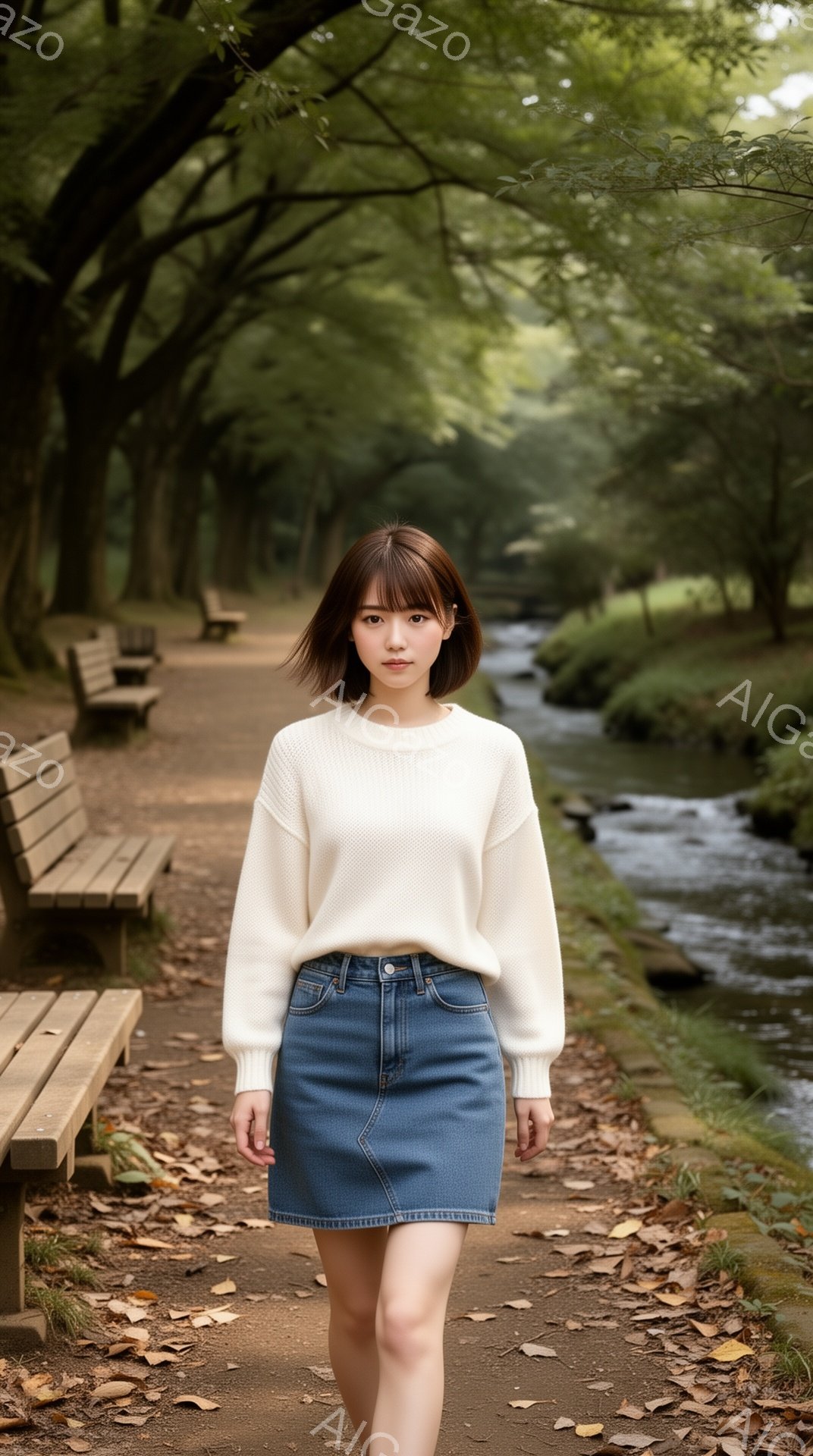 若い女性が土の道に沿って歩いている。オフホワイトのセーターとデニムのミニスカートを身に着け、前髪を短くしたダークブラウンのヘアスタイルをしている。背景には木々が生い茂る小道と、穏やかに流れる小川が見え、全体的に穏やかで自然な雰囲気が漂っている。