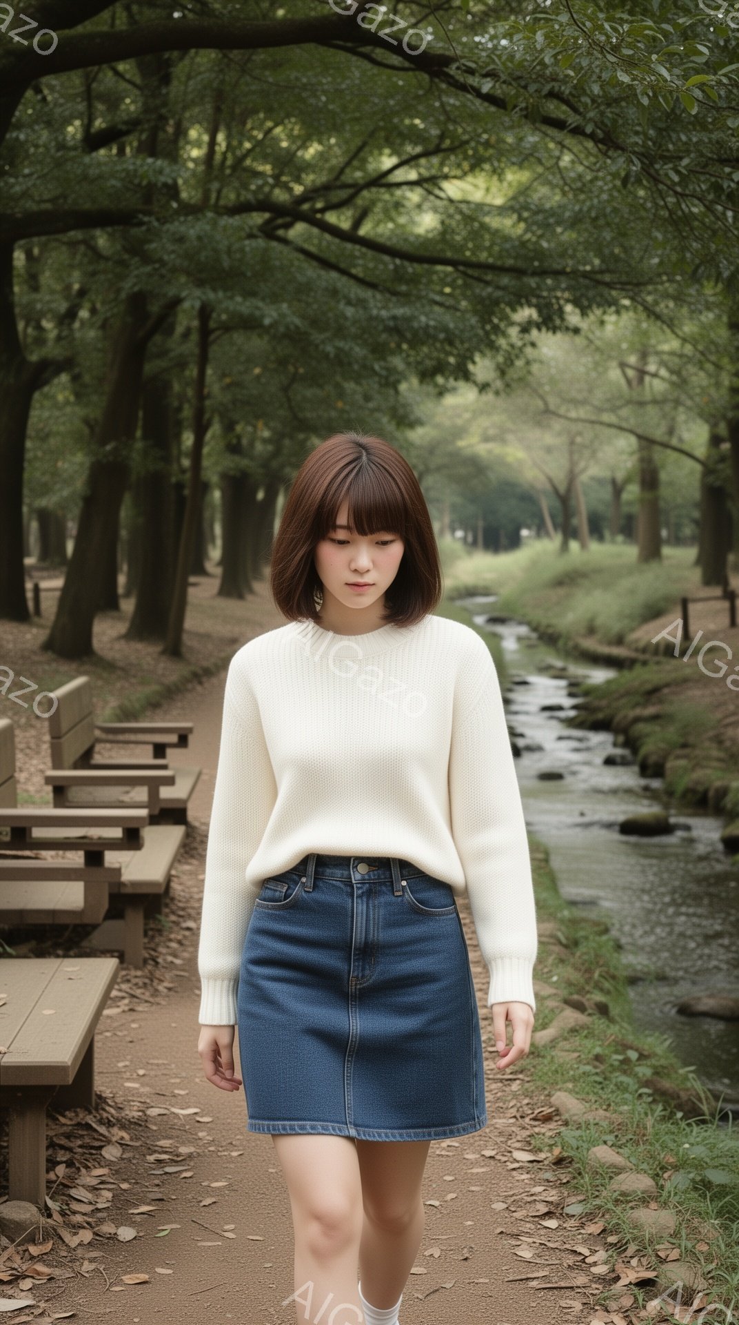 若い女性が公園の遊歩道を歩いている。オフホワイトのセーターにデニムのミニスカート、白い靴下とスニーカーを履いている。彼女は少し憂いを帯びた表情で、視線は遊歩道先を向いており、穏やかで静寂な雰囲気が漂う。