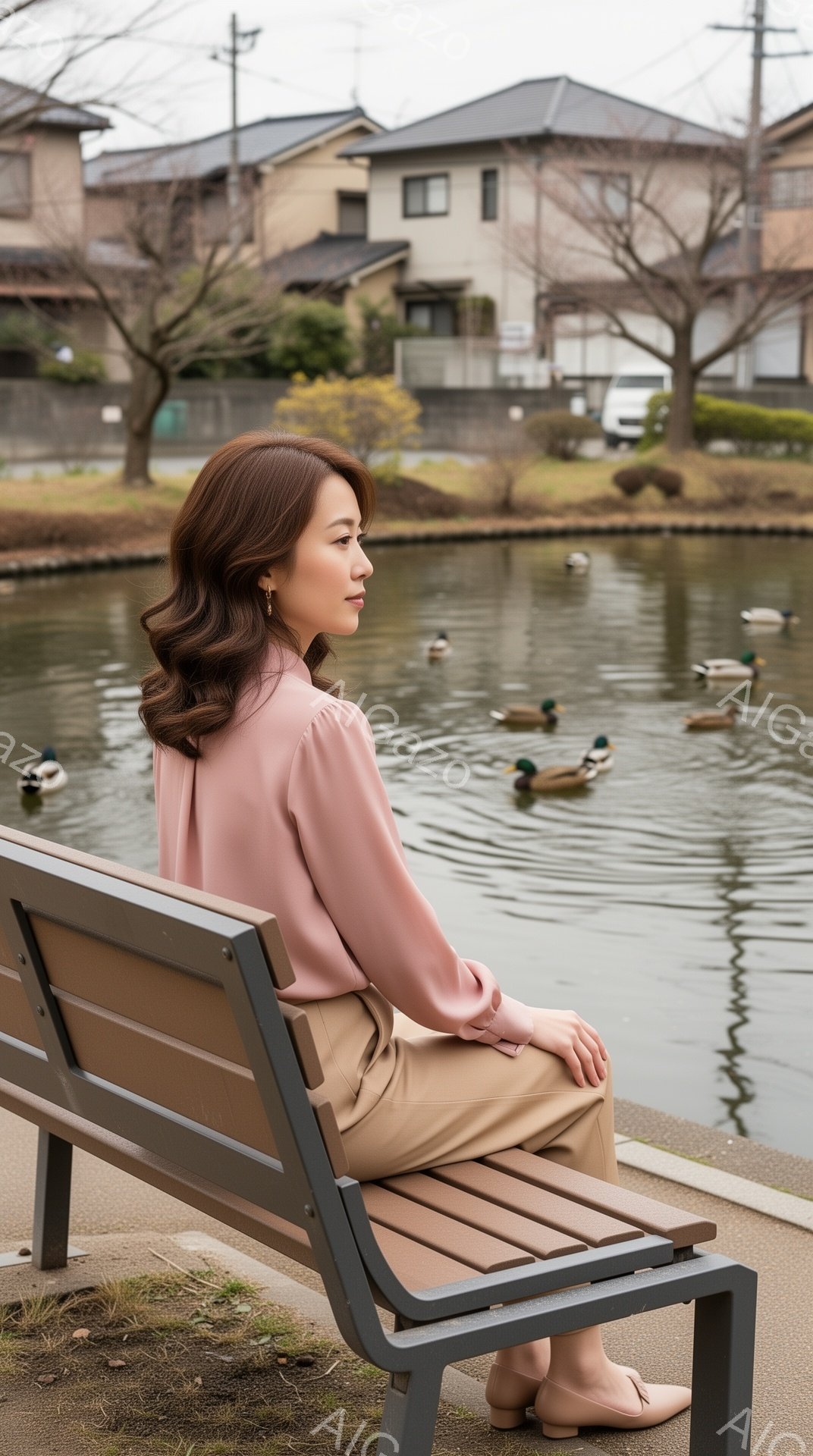 公園のベンチに座る女性が写っています。ピンク色のブラウスとベージュのパンツを着用し、髪は後ろでまとめています。背景には池があり、アヒルが泳いでおり、遠くには住宅や木々が見えます。