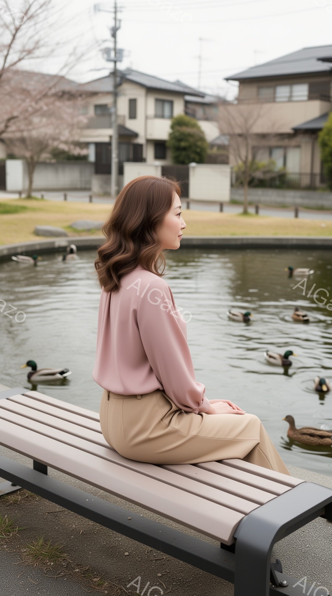 明るいピンク色のブラウスとベージュのパンツを身につけた女性が、公園のベンチに座って何かを眺めている。彼女は肩までの中髪で、横を向いて穏やかな表情をしている。背景には住宅や緑地が見え、水面にはアヒルが浮 - AI生成フリー素材