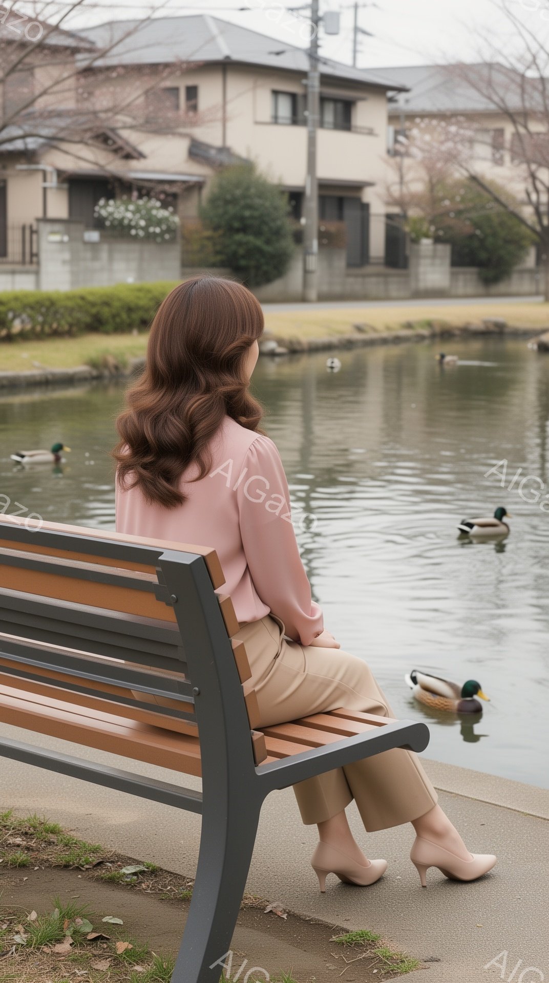 ピンク色のブラウスとベージュのパンツを着用した女性が、公園のベンチに座って湖を眺めている。彼女は肩まで届くウェーブのかかった髪をしており、リラックスした姿勢で穏やかな雰囲気を醸し出している。背景には、 - AI生成フリー素材