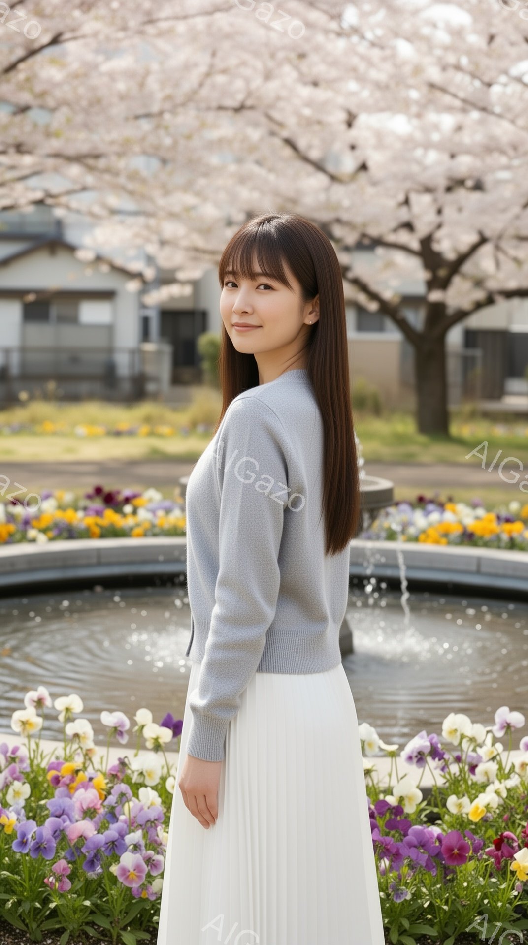 長い黒髪をセンターパートにした女性が、淡いグレーのセーターと白いプリーツスカートを着て立っています。彼女は少し微笑んでおり、穏やかな表情をしています。背景には、咲き誇るパンジーの花壇と、桜の木、そして - AI生成フリー素材