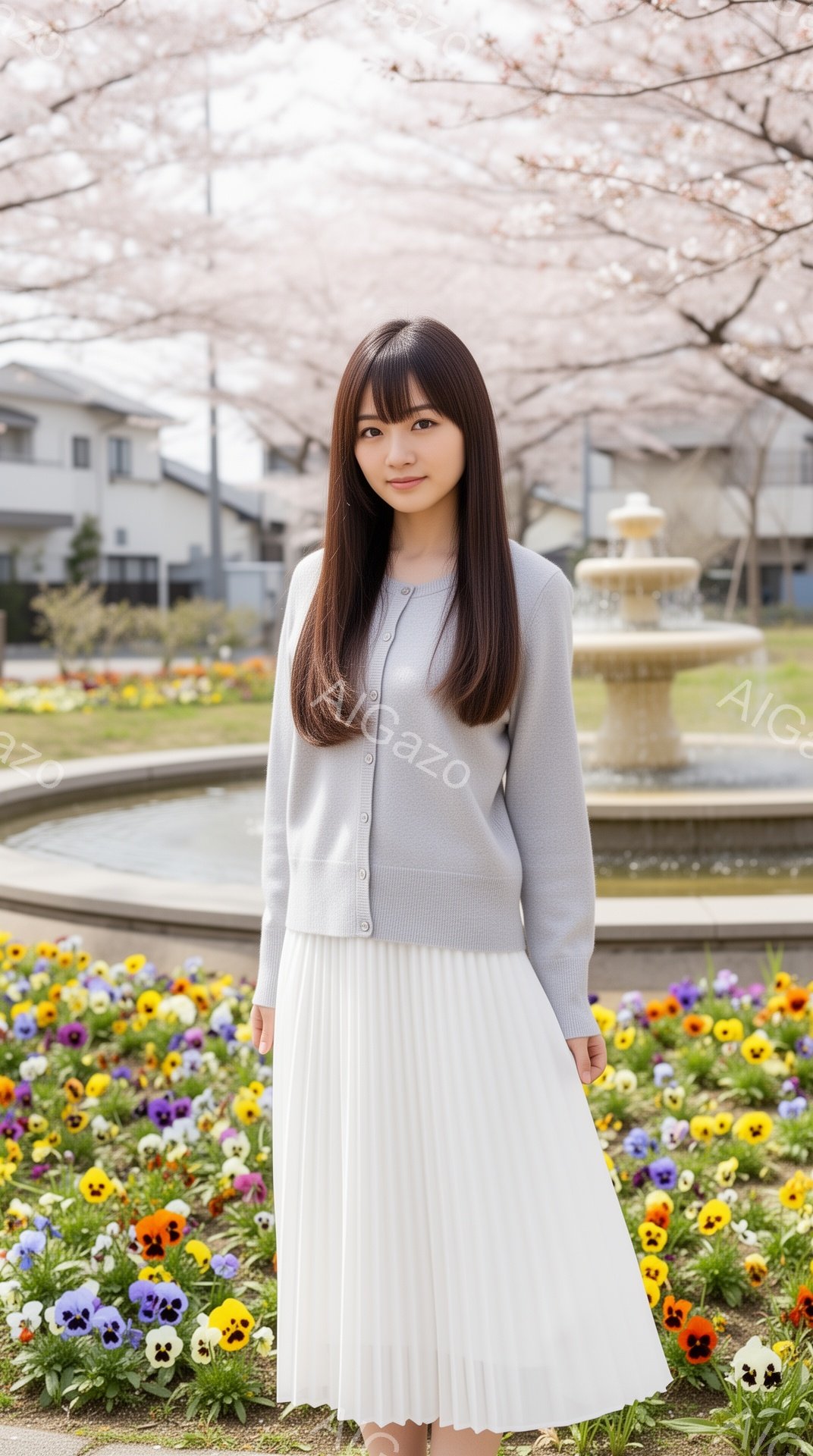 彼女は薄いグレーのカーディガンと白いプリーツスカートを身に着けており、長くストレートな黒髪は肩にかかっています。彼女は正面を向き、わずかに微笑んでおり、落ち着いた印象を与えます。背景には花壇、噴水、そして桜の木が見え、春の穏やかな日差しが感じられる、明るく華やかな雰囲気です。