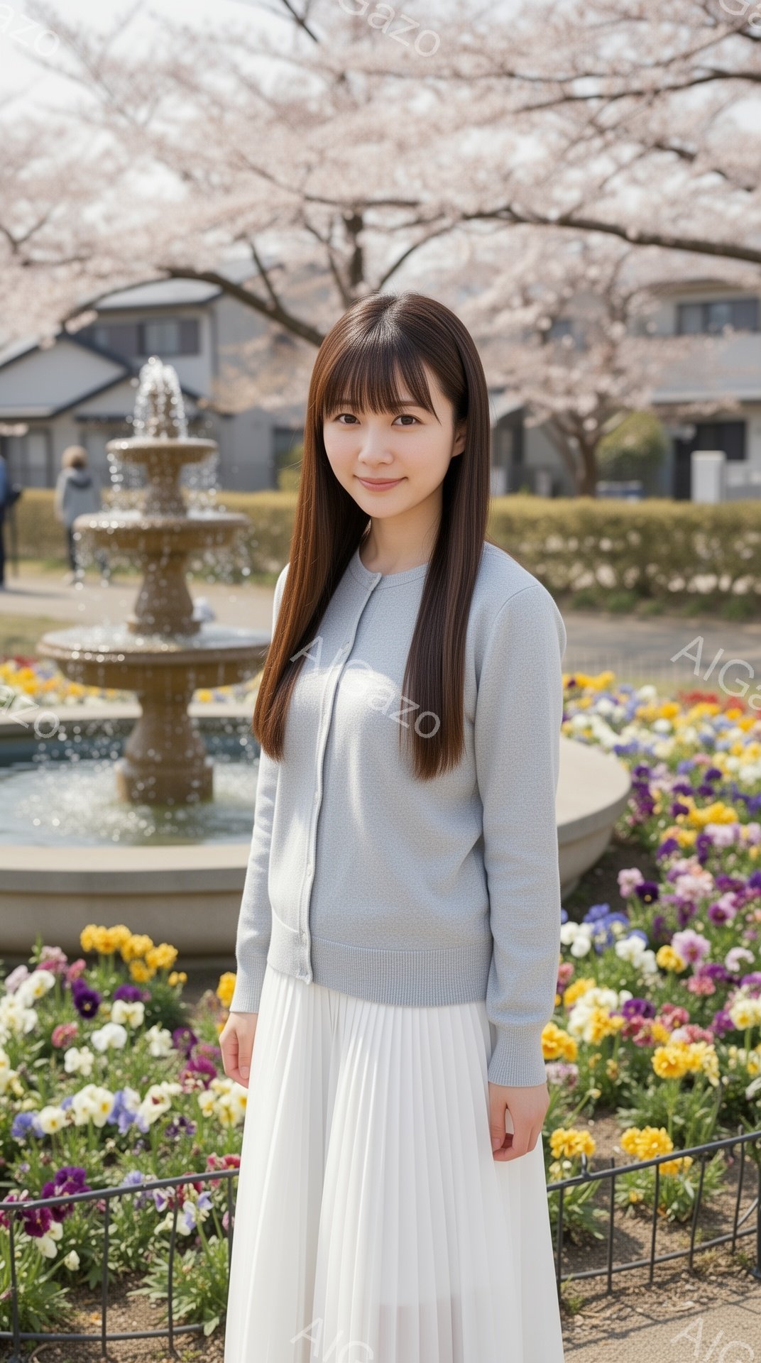 長い黒髪で前髪のある女性が、グレーのカーディガンと白いプリーツスカートを着ています。彼女は微笑んでおり、少し緊張したような、または控えめな姿勢で立っています。背景には、花壇、噴水、そして桜の木が見え、春の穏やかな日差しの中で撮影された様子が伺えます。