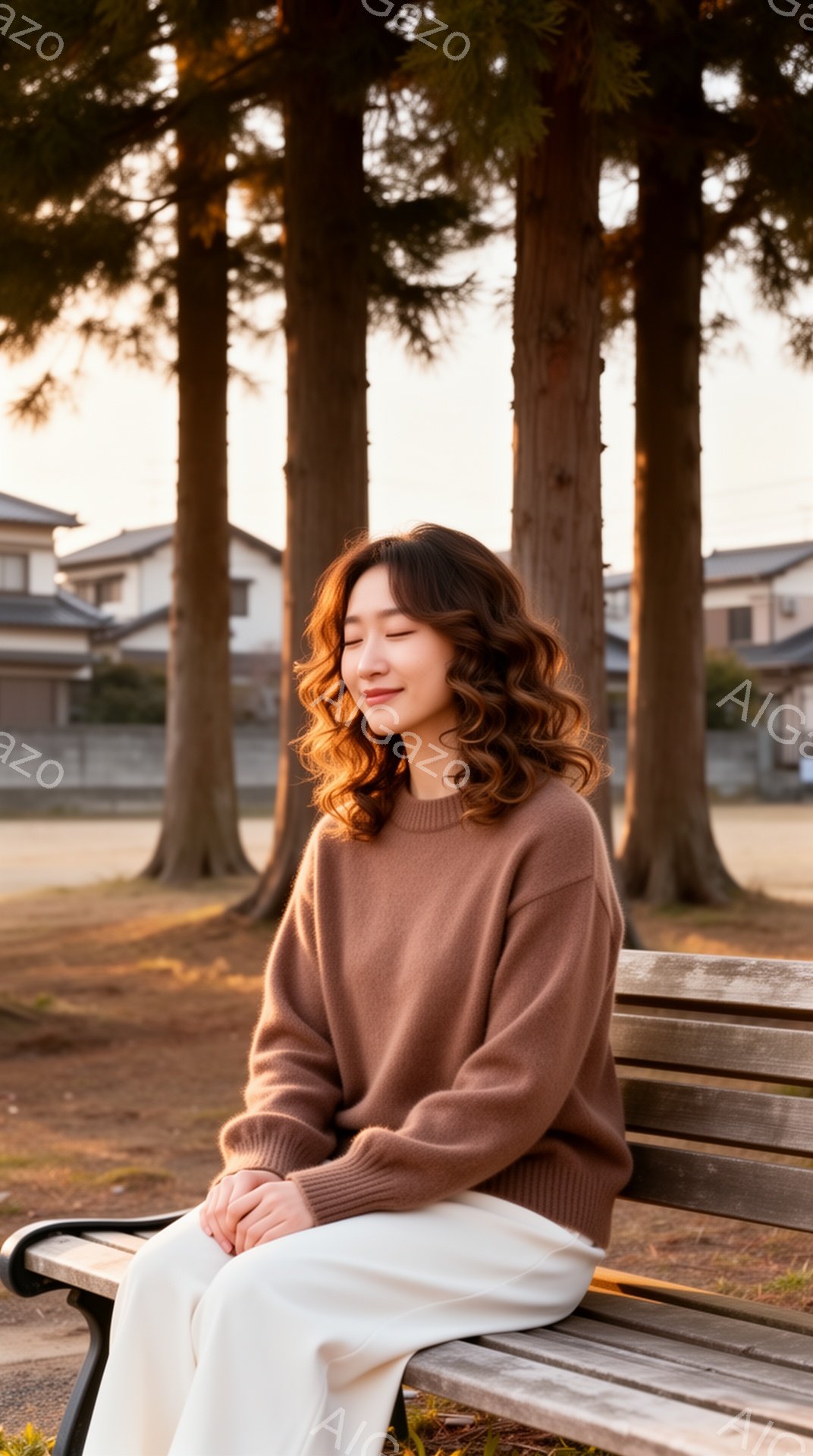 柔らかいベージュ色のセーターとオフホワイトのパンツを身に着けた女性が、公園のベンチに座って目を閉じています。彼女は長い茶色のカールヘアで、穏やかでリラックスした表情をしています。背景には高い木々と住宅がぼやけて見え、夕暮れ時の暖かく穏やかな雰囲気が漂っています。