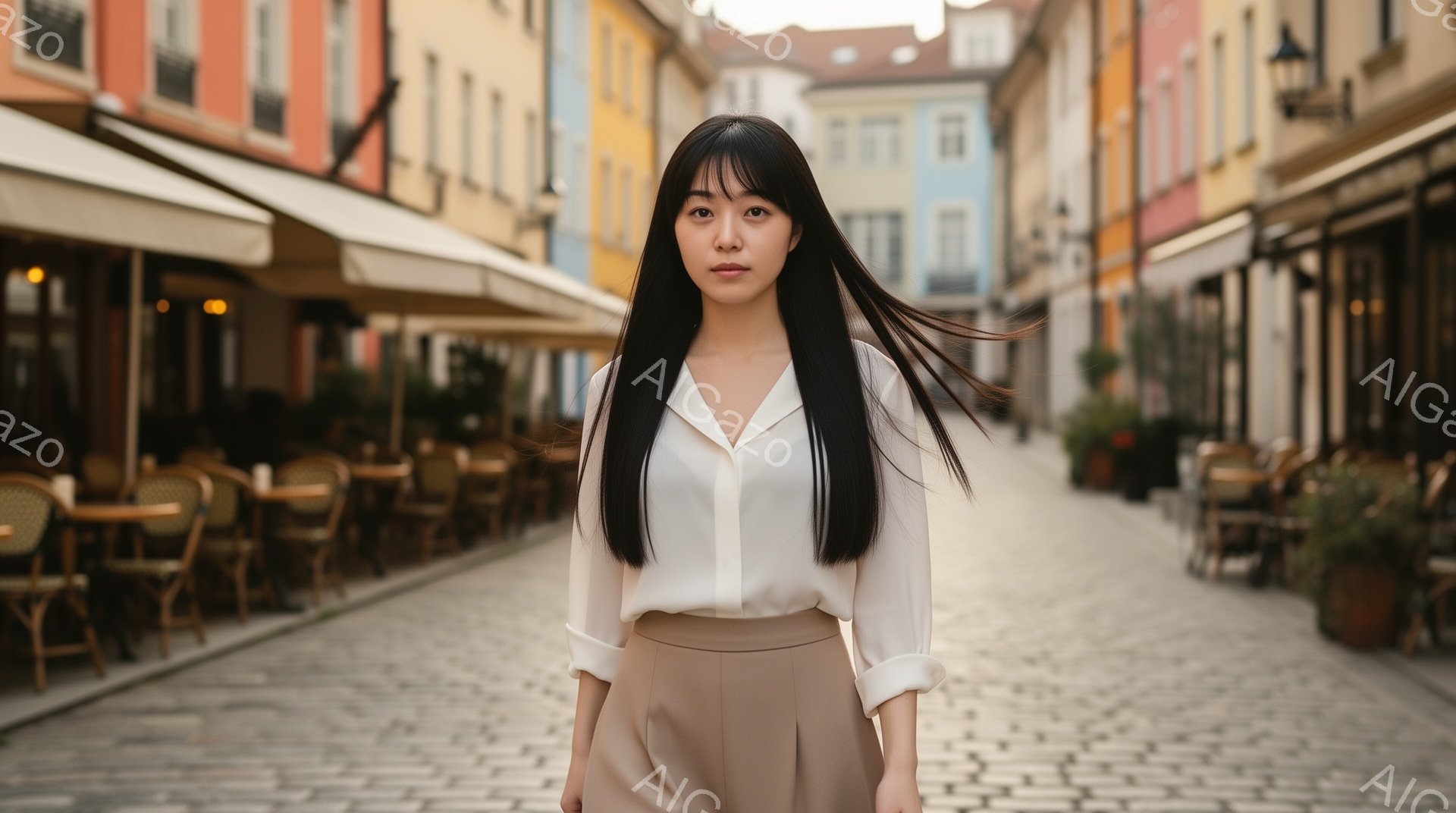 長い黒髪の女性が、クリーム色のブラウスとベージュ色のズボンを身につけて立っている。彼女は正面をまっすぐ見つめ、表情は落ち着いており、少し憂いを含んでいるように見える。背景には、カラフルな建物が並ぶ石畳 - AI生成フリー素材