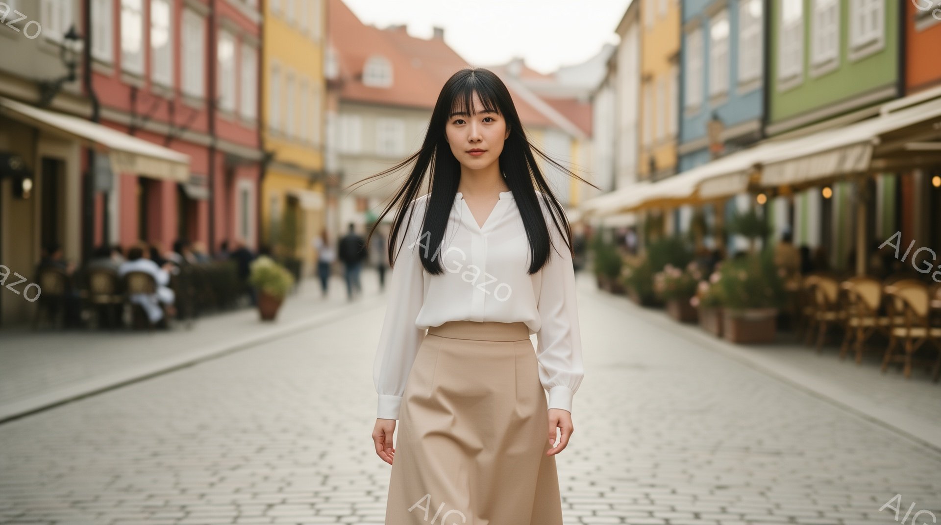 長い黒髪をセンターパートにした女性が、ベージュのスカートと白いブラウスを着て、石畳の道の中央に立っている。彼女は正面を見据え、穏やかな表情で、リラックスした姿勢である。背景にはカラフルな建物が並び、道 - AI生成フリー素材