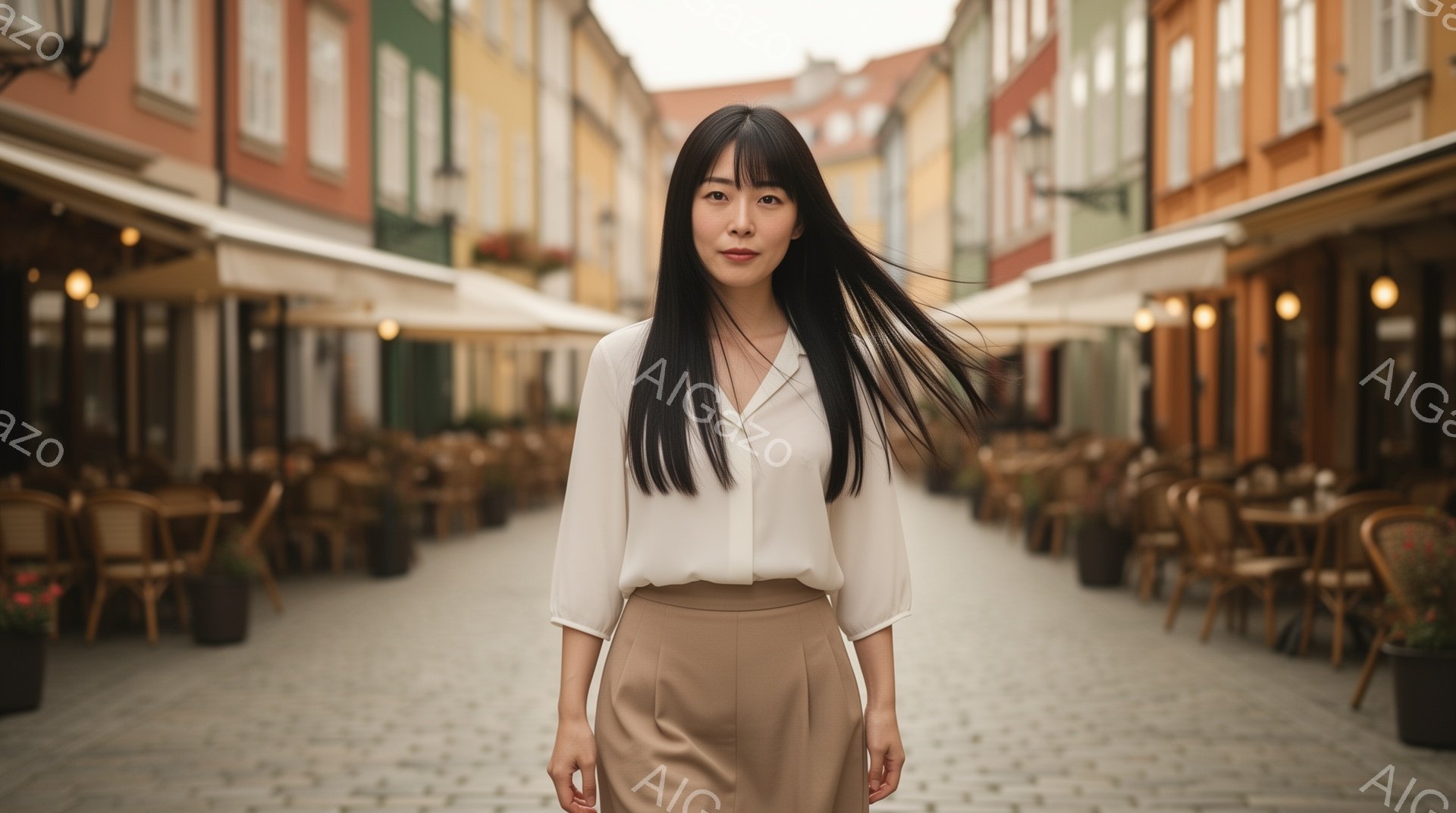 長い黒髪を風になびかせながら、白いブラウスとベージュのパンツを身に着けた女性が正面を向いている。石畳の道沿いにはカフェが並び、背景にはカラフルな建物が連なっている。全体的に穏やかで、少し物憂げな雰囲気が漂う。