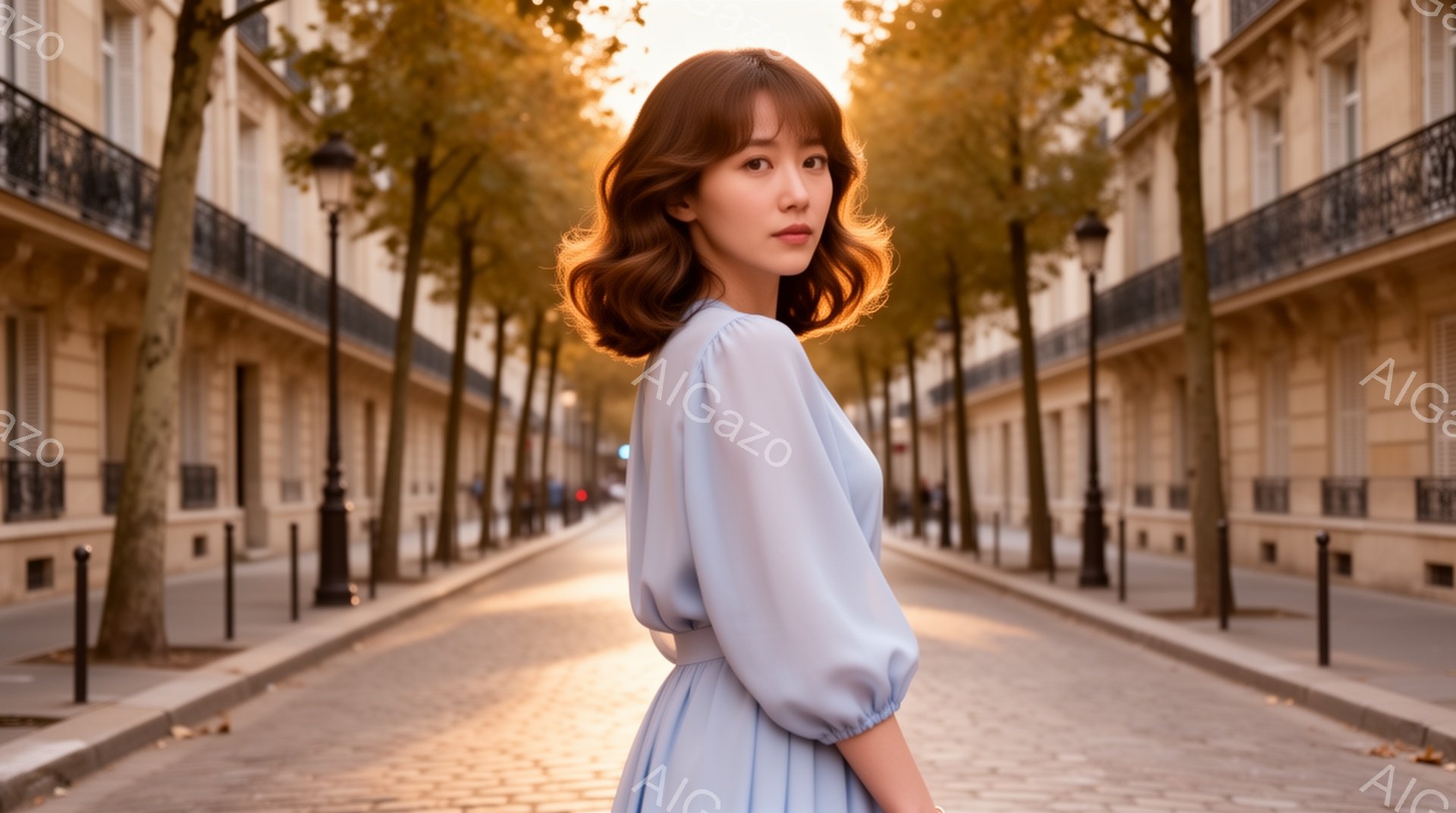明るい茶色の髪を肩まで伸ばした女性が、水色のパフスリーブのワンピースを着て、石畳の道に立っている。彼女は少し振り返り、穏やかな表情で遠くを見つめている。背景には、並木道が続き、夕暮れ時の柔らかな光が全体を包み込み、静かで穏やかな雰囲気を醸し出している。