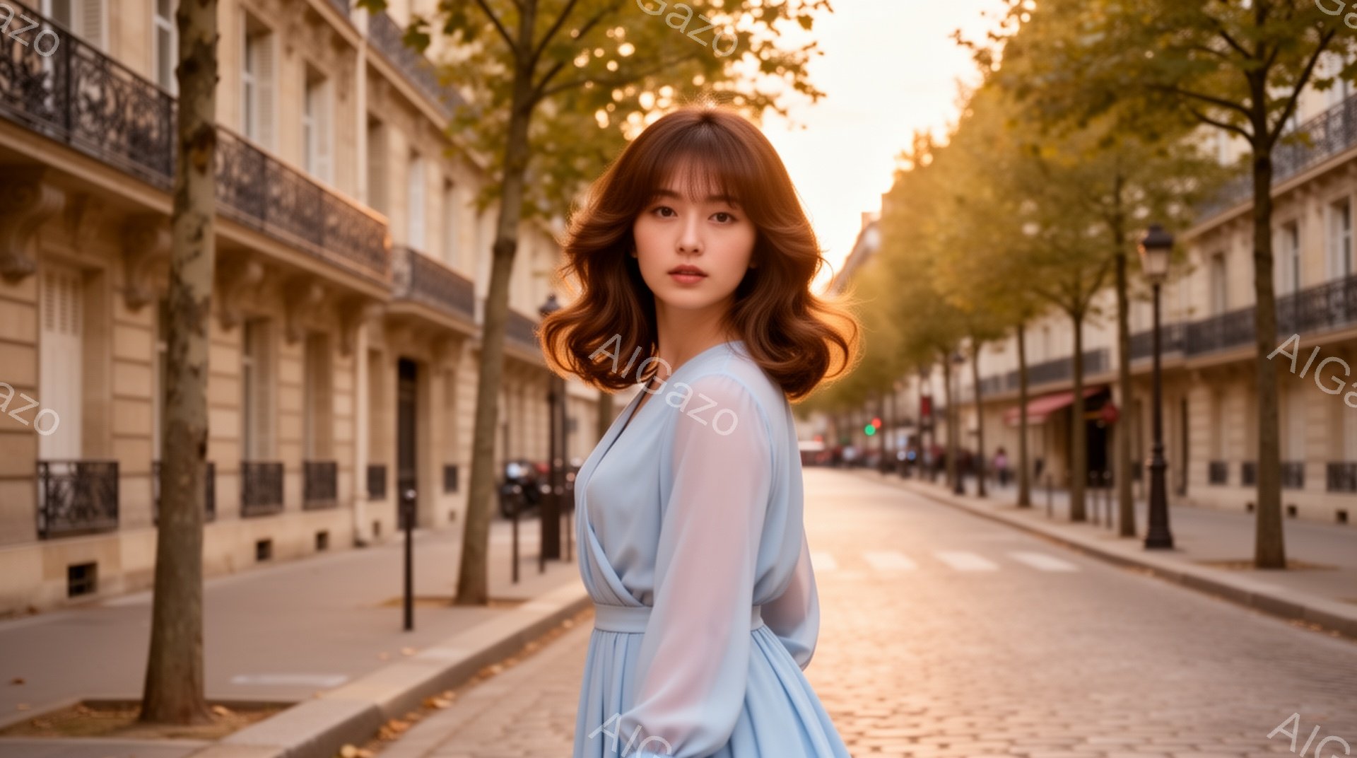 長い茶色の髪を無造作に巻いた女性が、水色のドレスを着て石畳の道沿いを歩いている。彼女はカメラに向かって少し振り返り、穏やかな微笑みを浮かべている。背景にはパリらしい建物が立ち並び、夕暮れ時の柔らかな光 - AI生成フリー素材