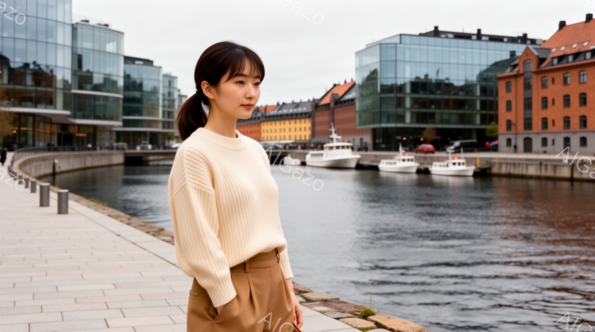 明るいベージュのニットセーターとキャメル色のパンツを身につけた女性が写っています。彼女は軽く微笑み、正面を向いて立っており、髪は後ろで結ばれています。背景には、モダンなガラス張りの建物と歴史的なレンガ造りの建物が並び、運河とボートが広がっています。