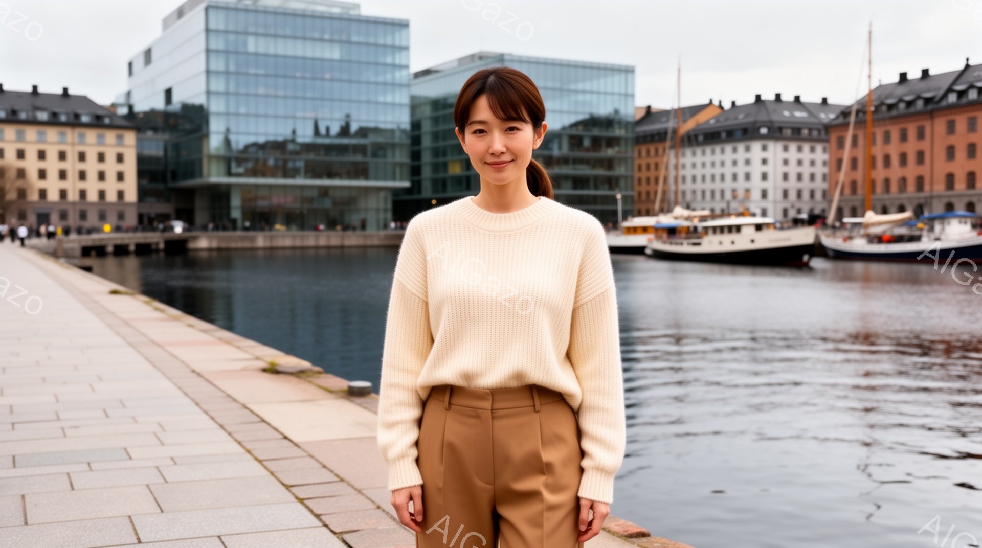 女性はクリーム色のセーターとキャメル色のパンツを身に着けており、肩まで届くストレートヘアに整えられています。彼女はリラックスした姿勢でカメラに向かって微笑んでおり、穏やかな表情をしています。背景にはモ - AI生成フリー素材